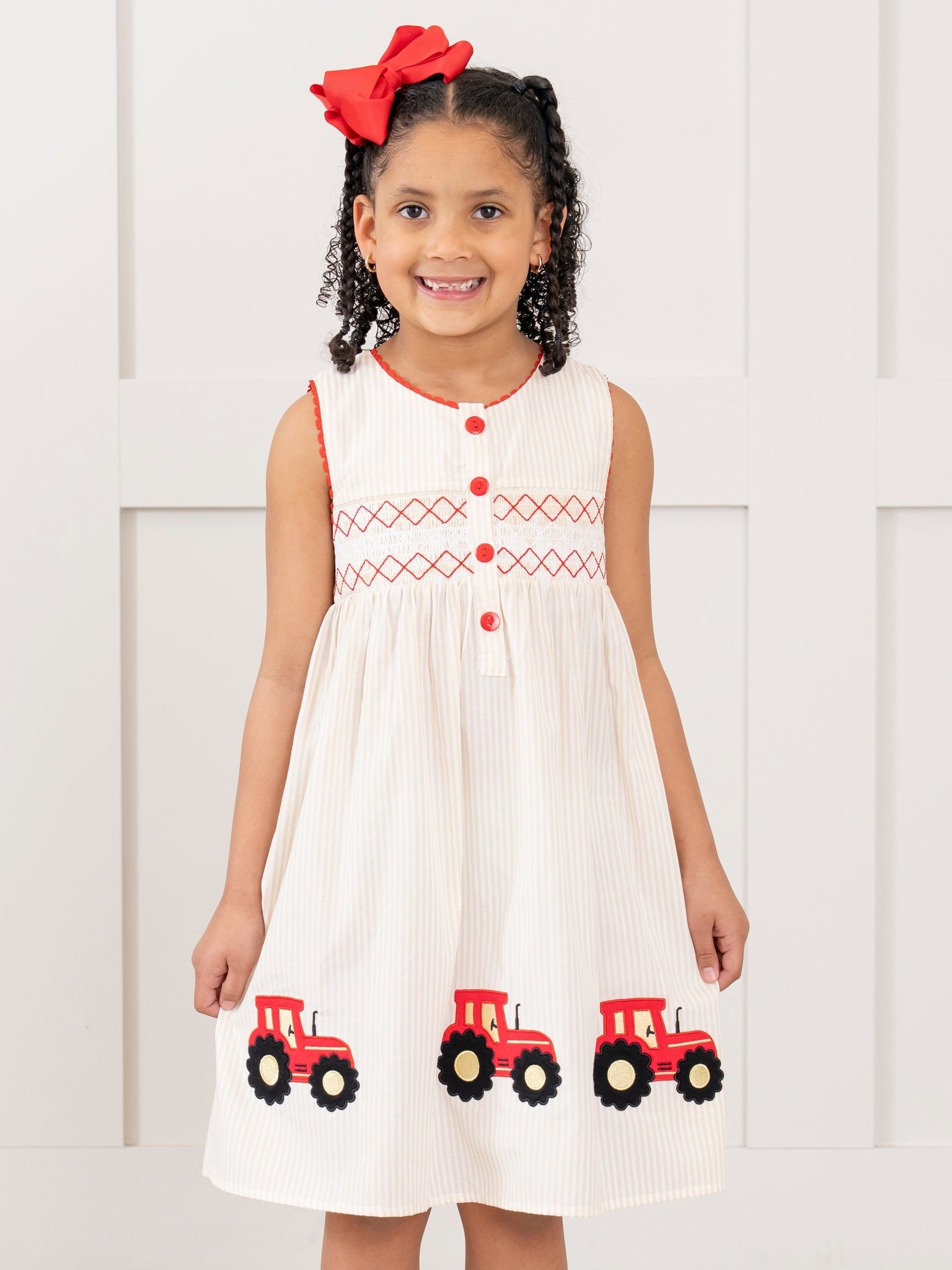 Embroidered Tractor Smocked 100% Cotton Dress - Marie Nicole Clothing