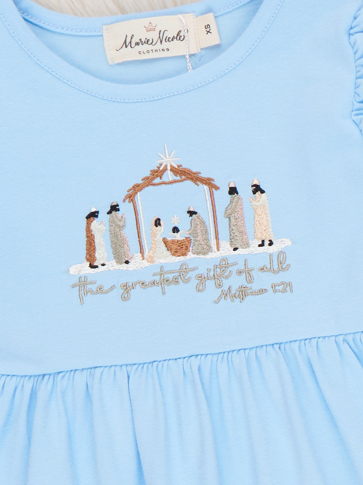 Greatest Gift Nativity Embroidered Plaid Ruffle Dress - Marie Nicole Clothing