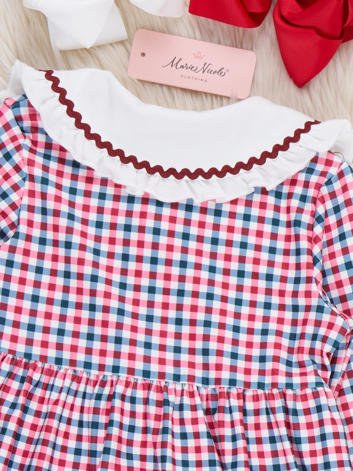 Merry Wreaths Embroidered Gingham Dress - Marie Nicole Clothing