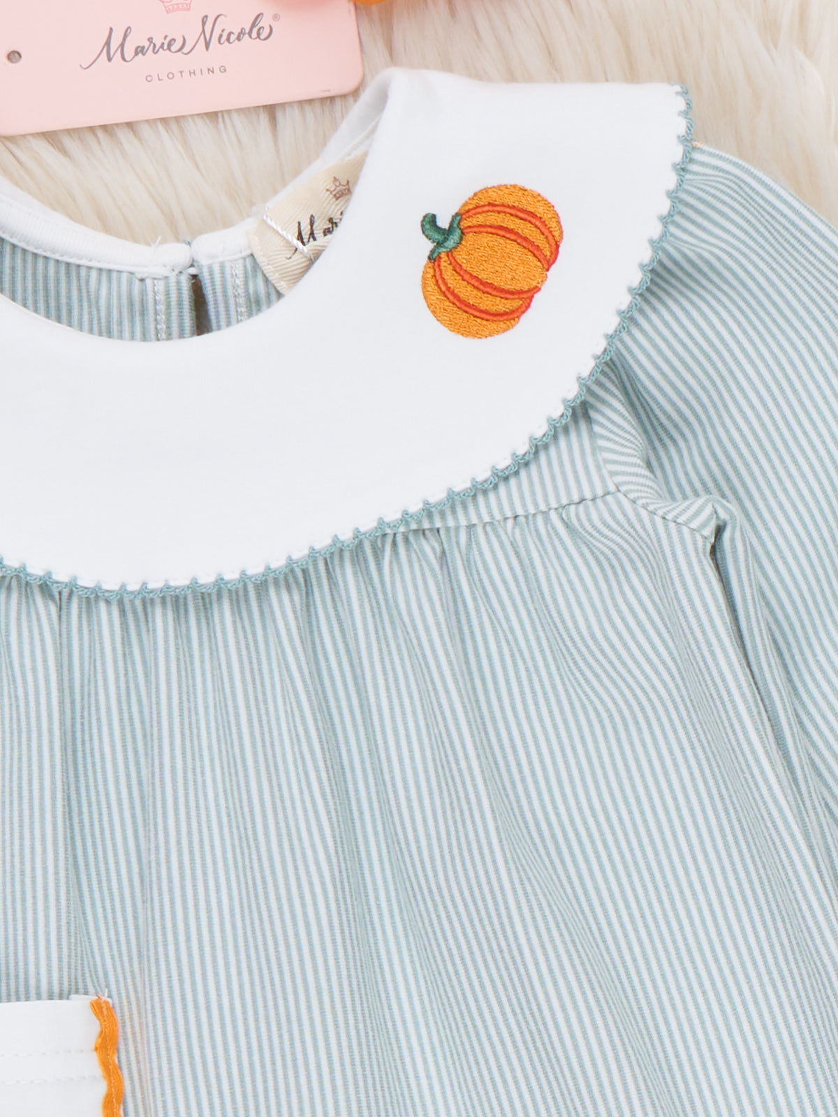 Pocket Pumpkin Embroidered Collared Romper - Marie Nicole Clothing