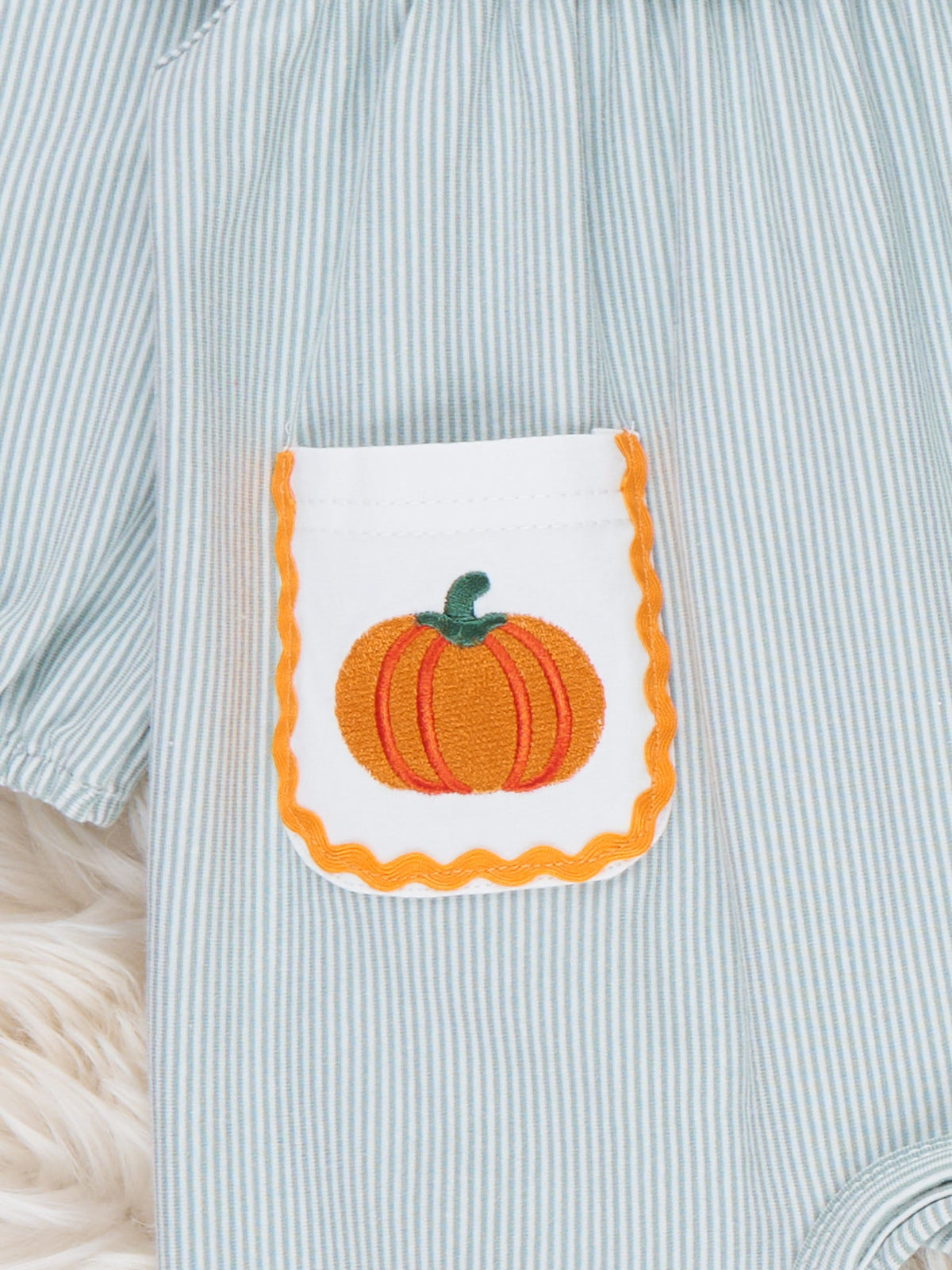 Pocket Pumpkin Embroidered Collared Romper - Marie Nicole Clothing