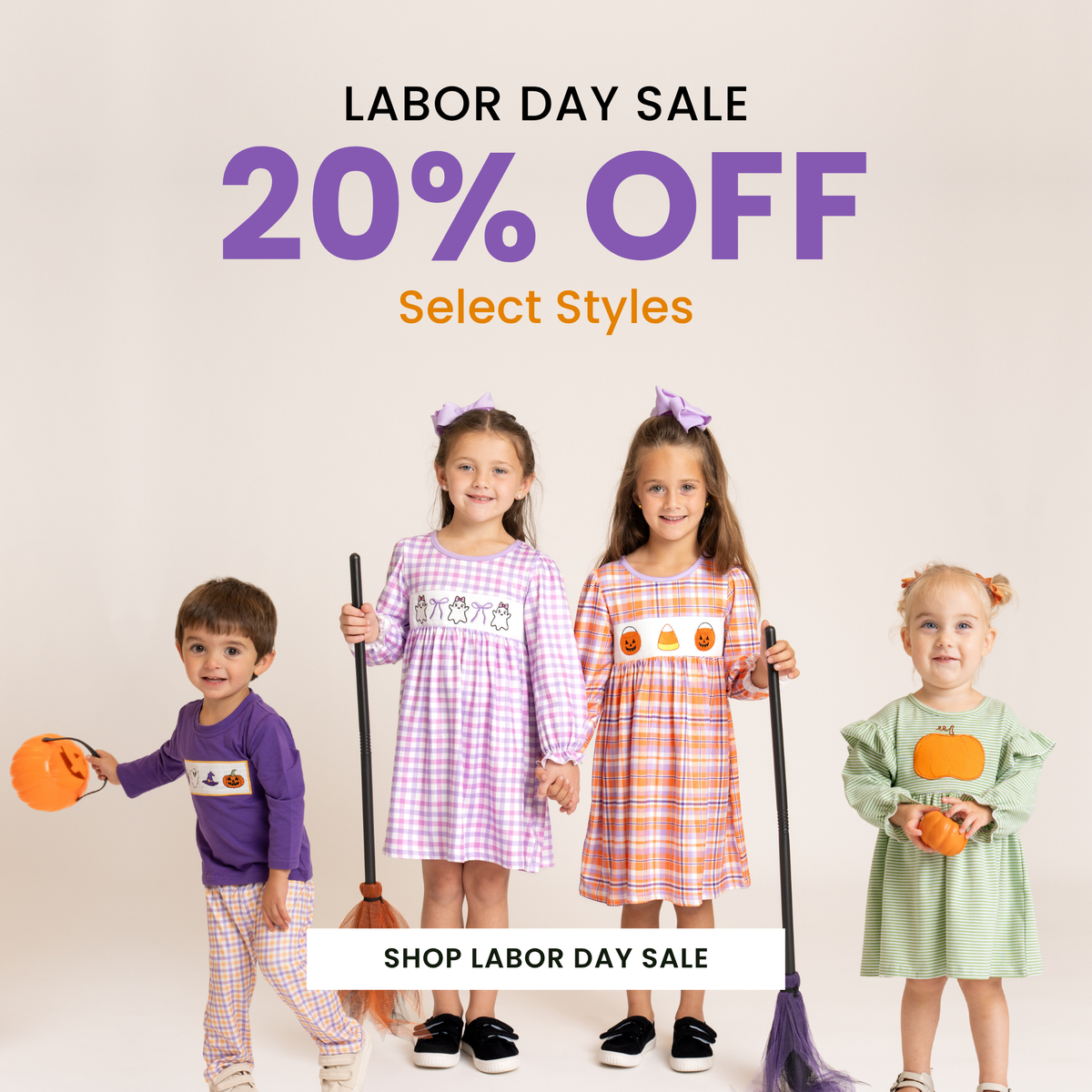 Four children modeling colorful summer dresses and casual outfits against a light beige background, with promotional text reading 'LABOR DAY SALE 20% OFF Select Styles' and 'SHOP LABOR DAY SALE' at the bottom.