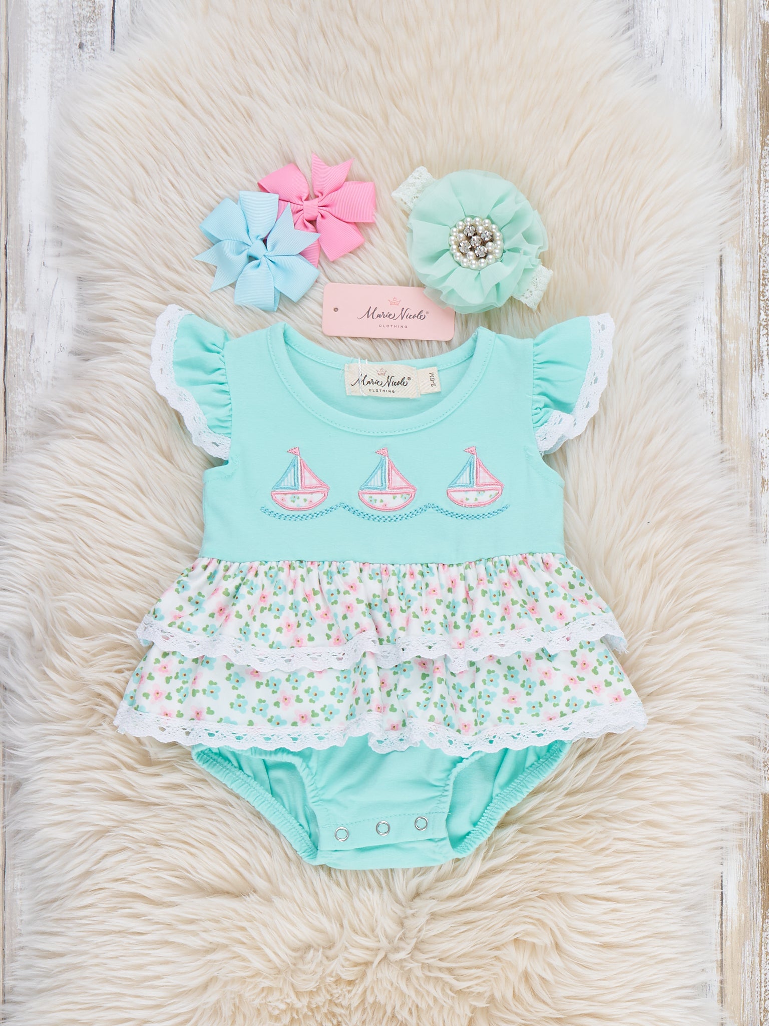 Little Sailboats Embroidered Lace Ruffle Bubble Romper - Marie Nicole Clothing