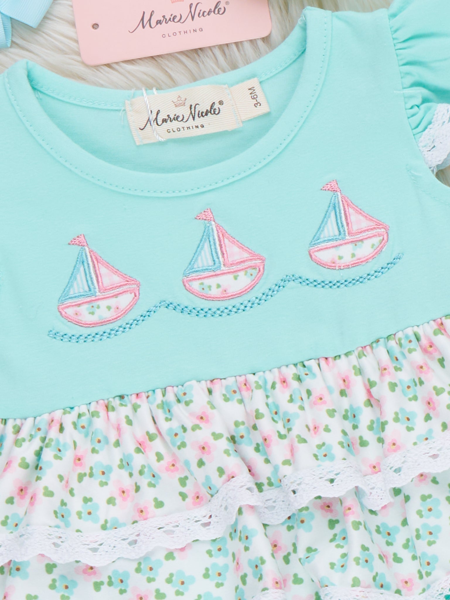 Little Sailboats Embroidered Lace Ruffle Bubble Romper - Marie Nicole Clothing