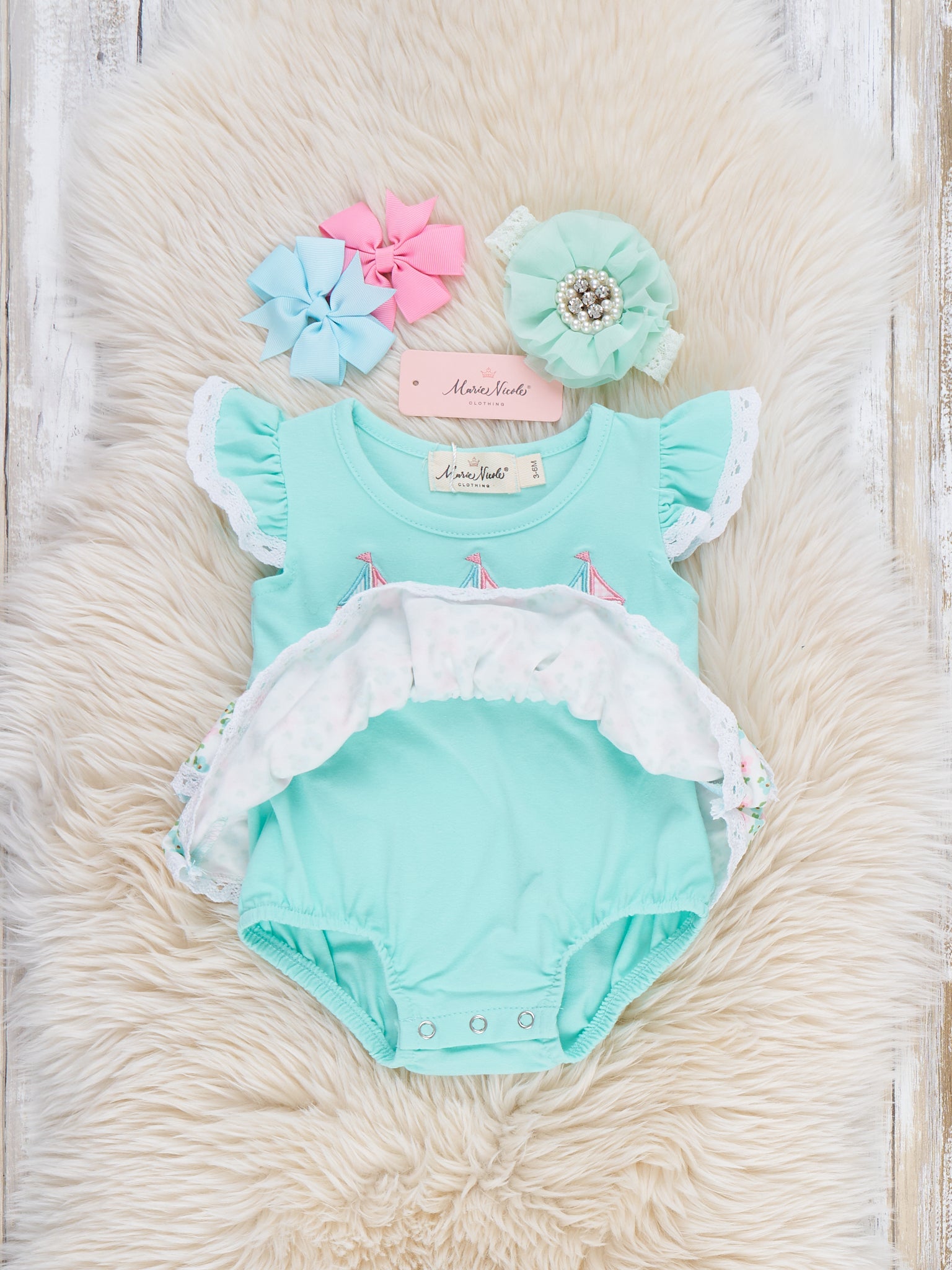 Little Sailboats Embroidered Lace Ruffle Bubble Romper - Marie Nicole Clothing