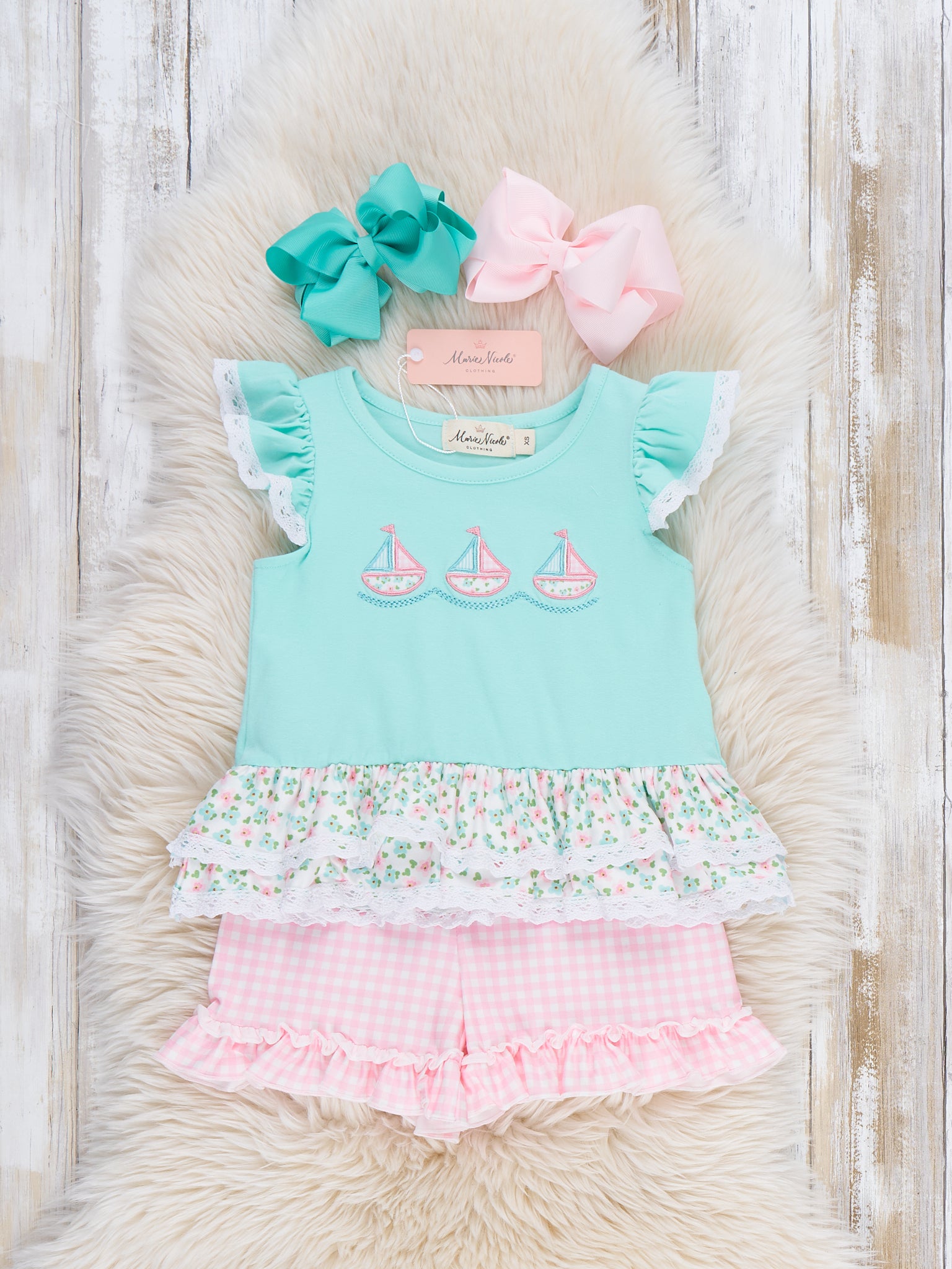 Little Sailboats Embroidered Lace Ruffle Outfit - Marie Nicole Clothing