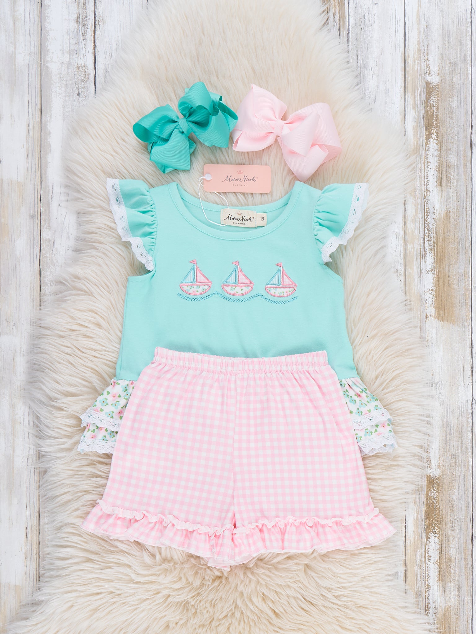 Little Sailboats Embroidered Lace Ruffle Outfit - Marie Nicole Clothing