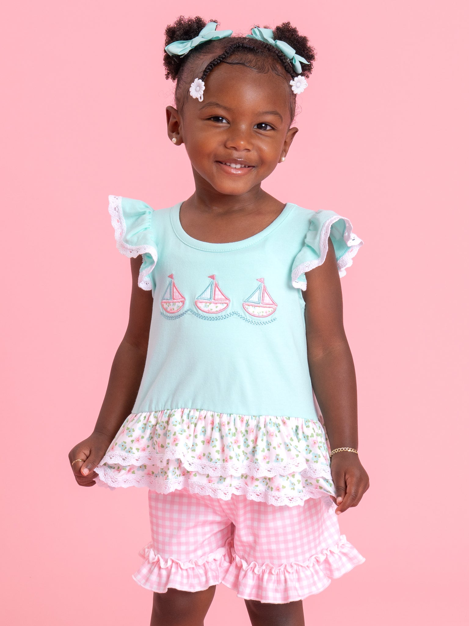 Little Sailboats Embroidered Lace Ruffle Outfit - Marie Nicole Clothing