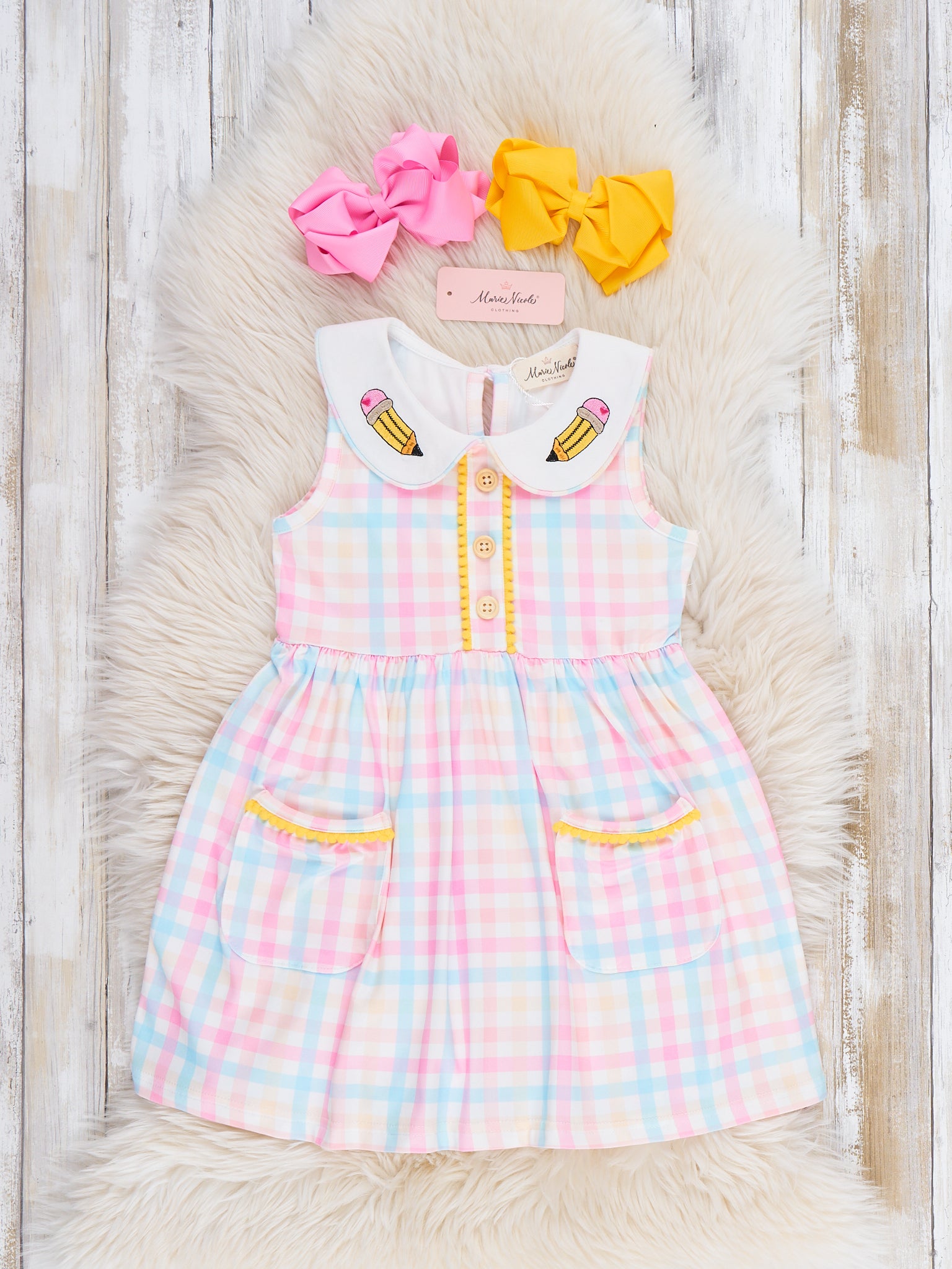 Pastel Pencils Embroidered Plaid Ruffle Dress - Marie Nicole Clothing