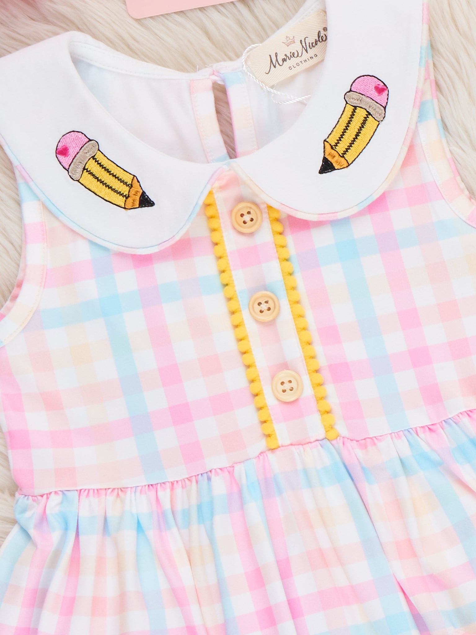 Pastel Pencils Embroidered Plaid Ruffle Dress - Marie Nicole Clothing