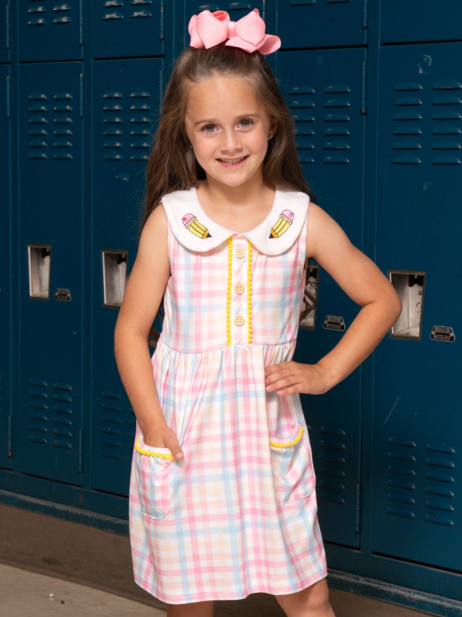 Pastel Pencils Embroidered Plaid Ruffle Dress - Marie Nicole Clothing