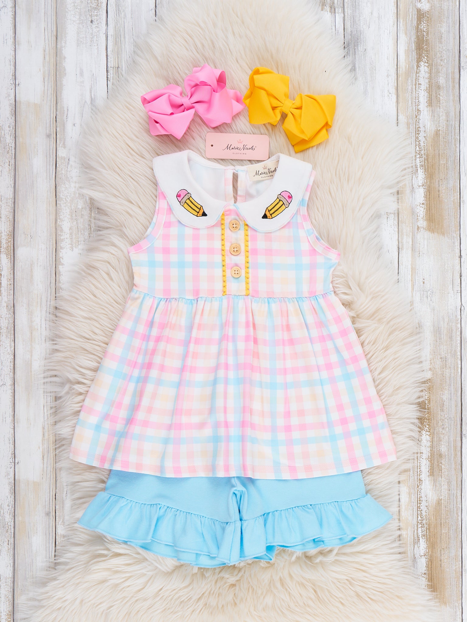 Pastel Pencils Embroidered Plaid Ruffle Outfit - Marie Nicole Clothing