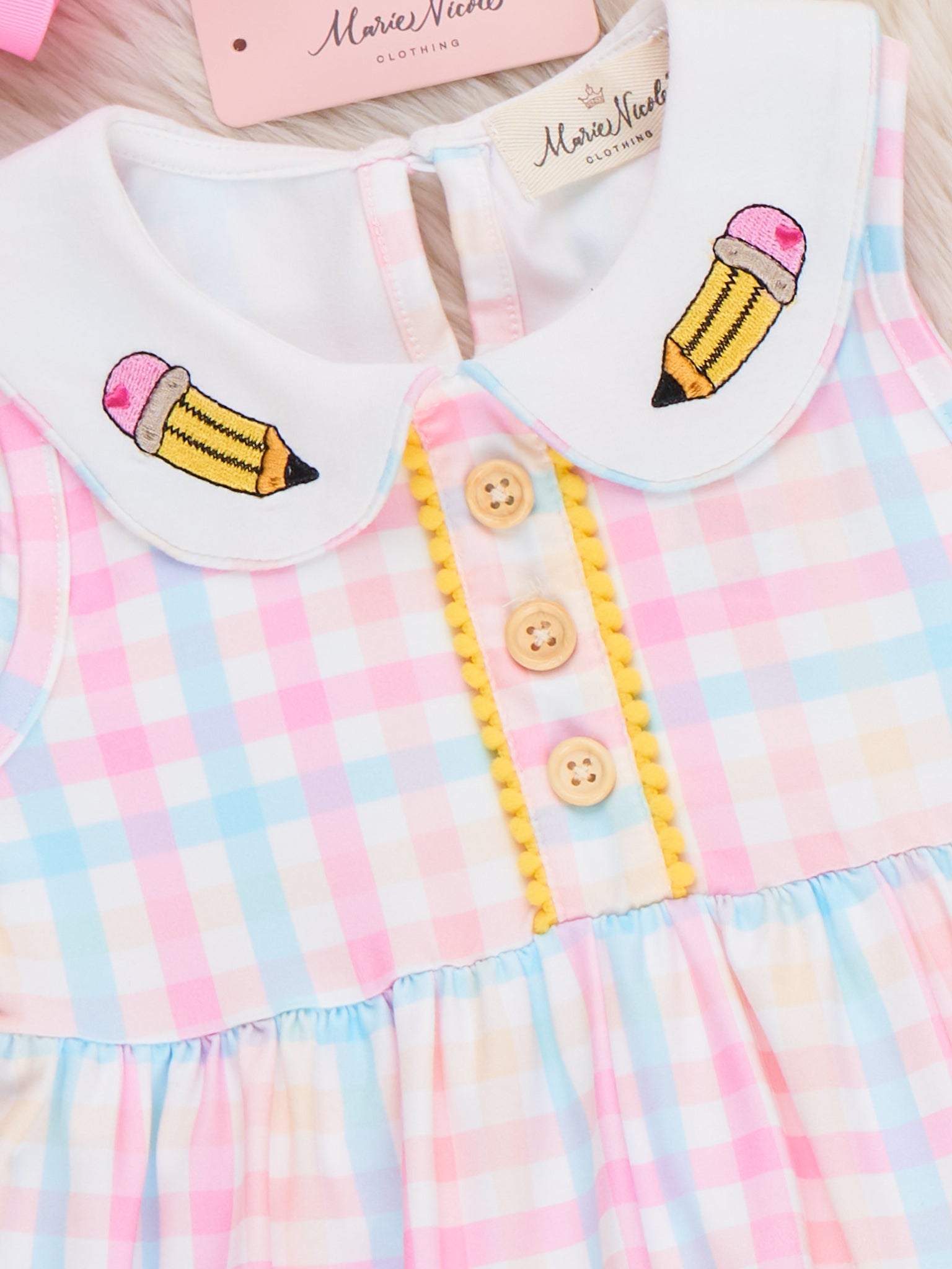 Pastel Pencils Embroidered Plaid Ruffle Outfit - Marie Nicole Clothing