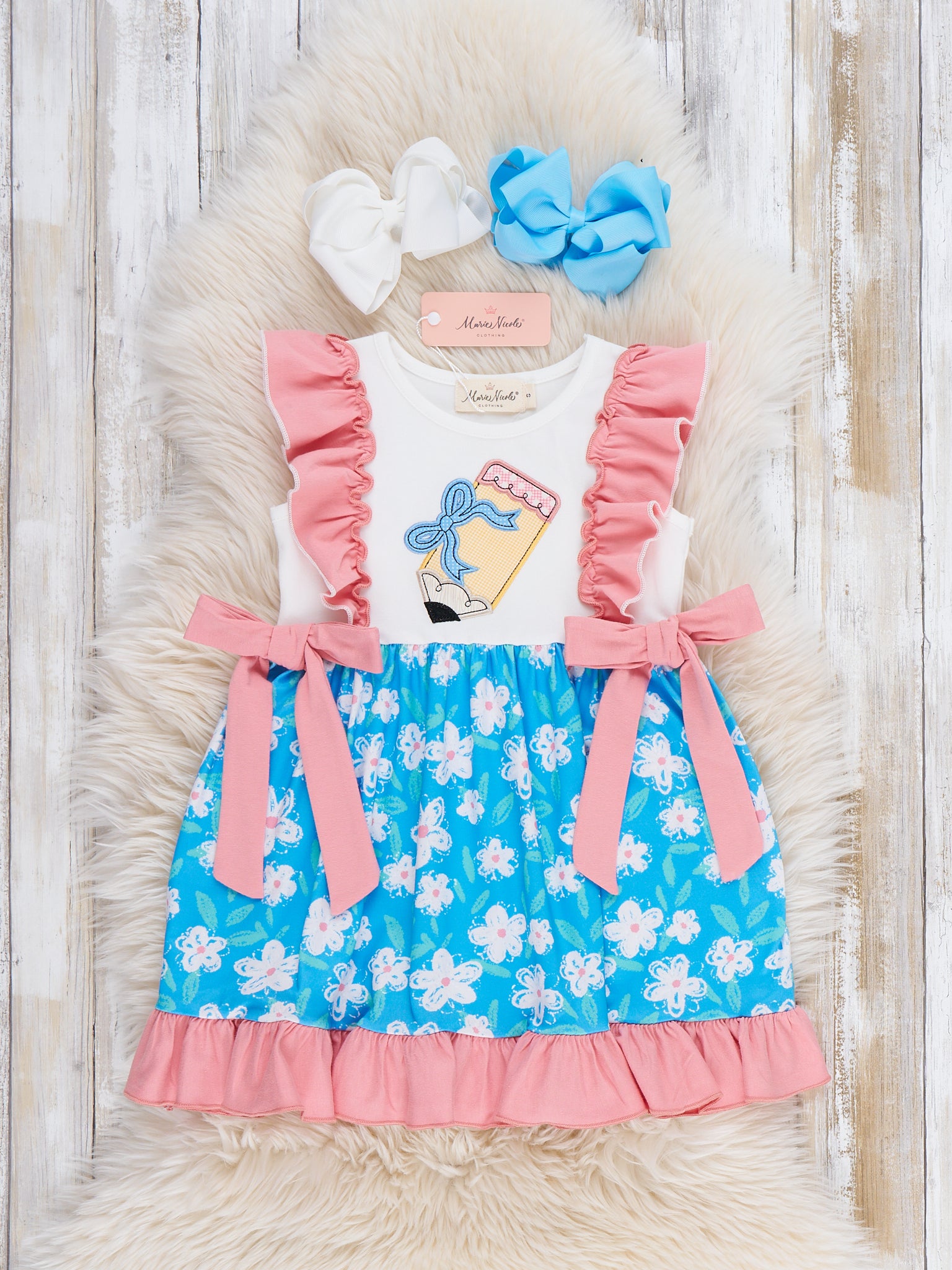 Playtime Pencil Bows Embroidered Ruffle Dress - Marie Nicole Clothing