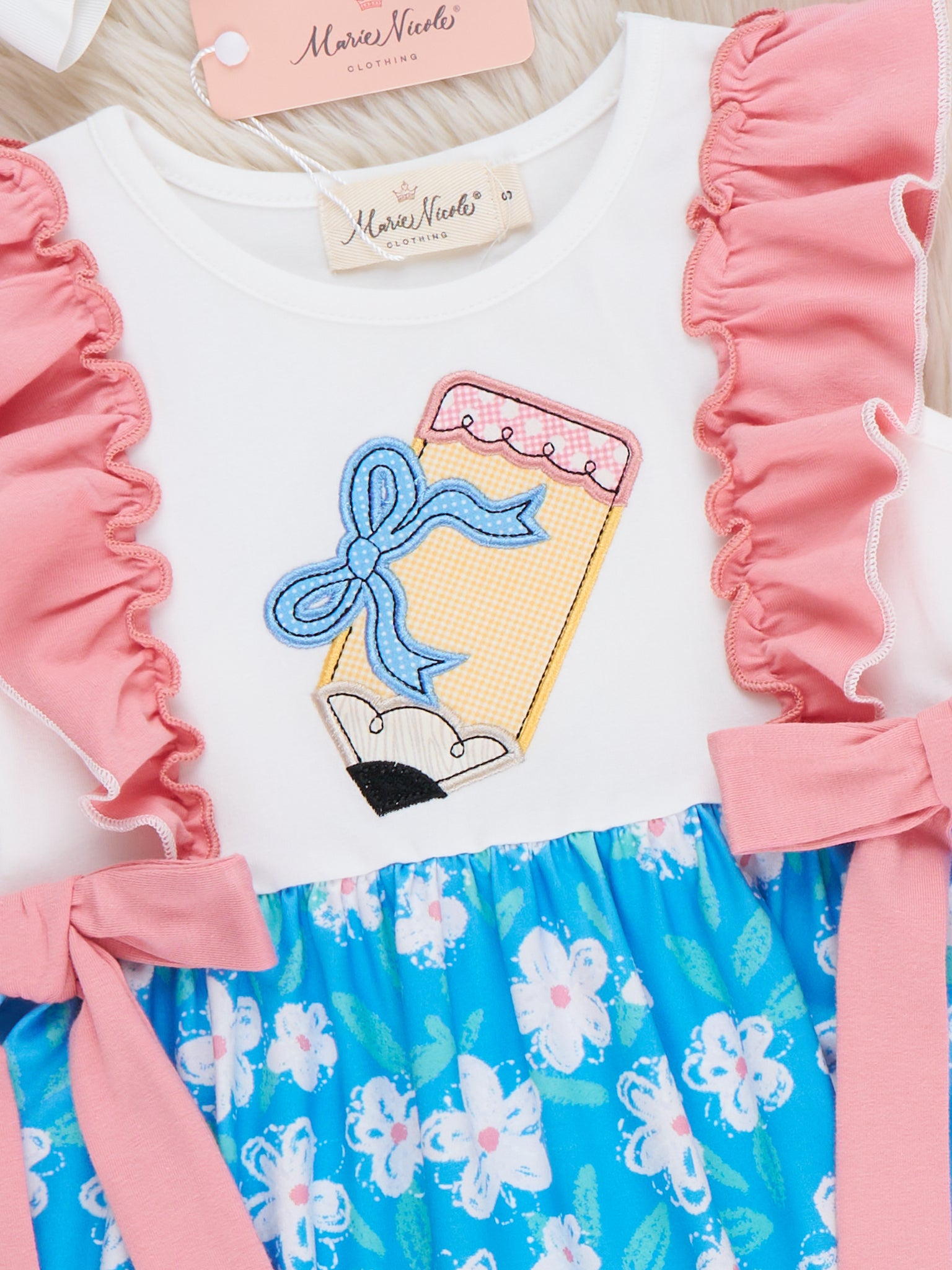 Playtime Pencil Bows Embroidered Ruffle Dress - Marie Nicole Clothing