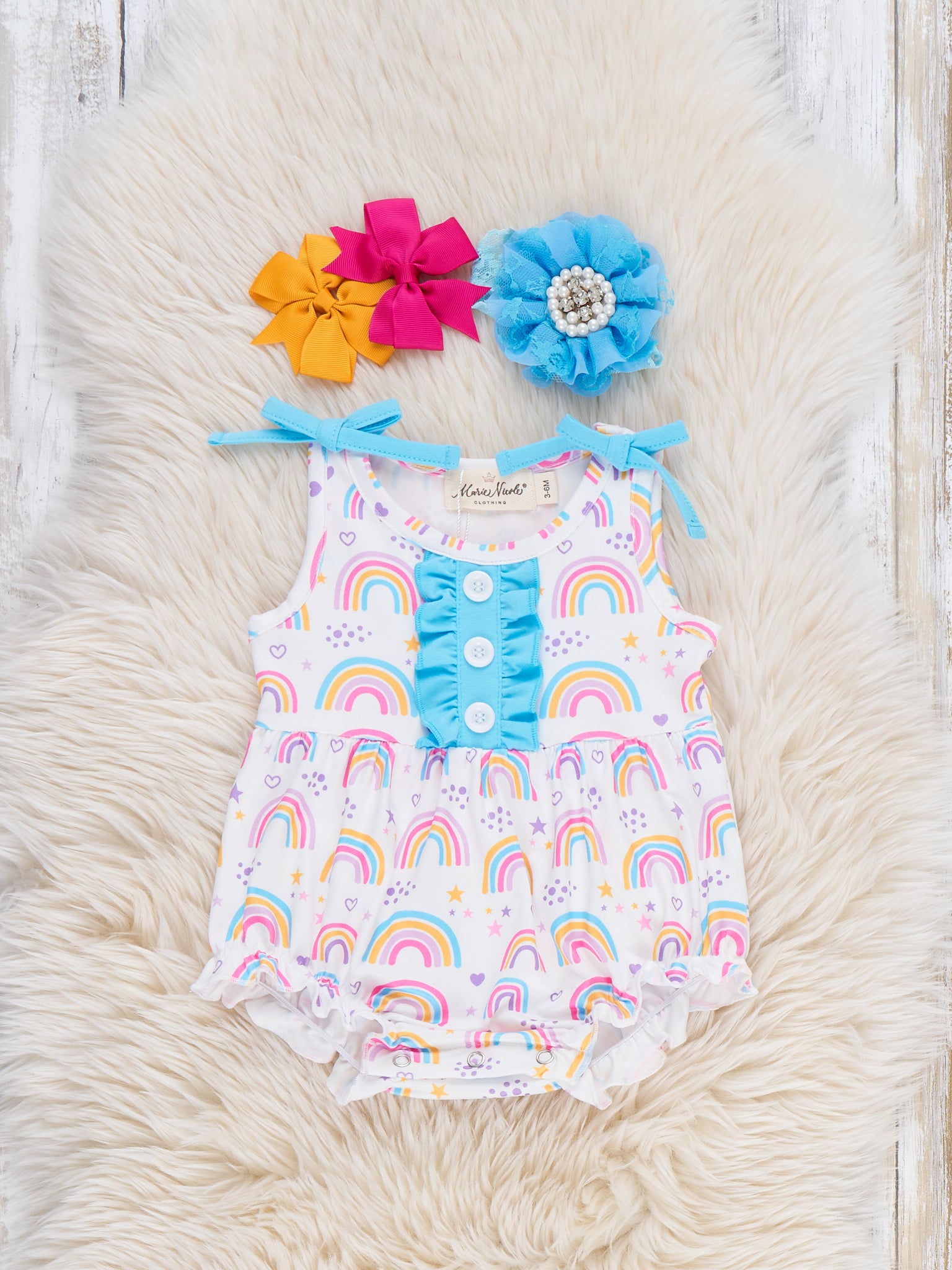 Rainbow Wishes Ruffle Bubble Romper - Marie Nicole Clothing
