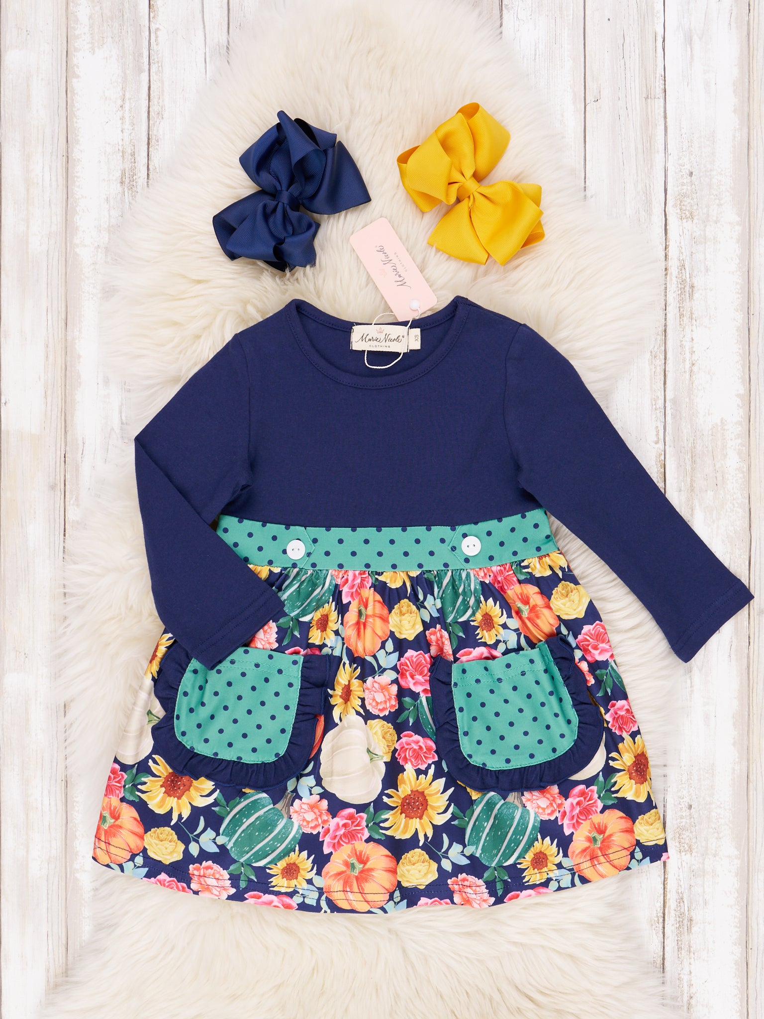 Navy & Teal Dot Pumpkin Ruffle Dress Navy & Teal Dot Pumpkin Ruffle Dress
