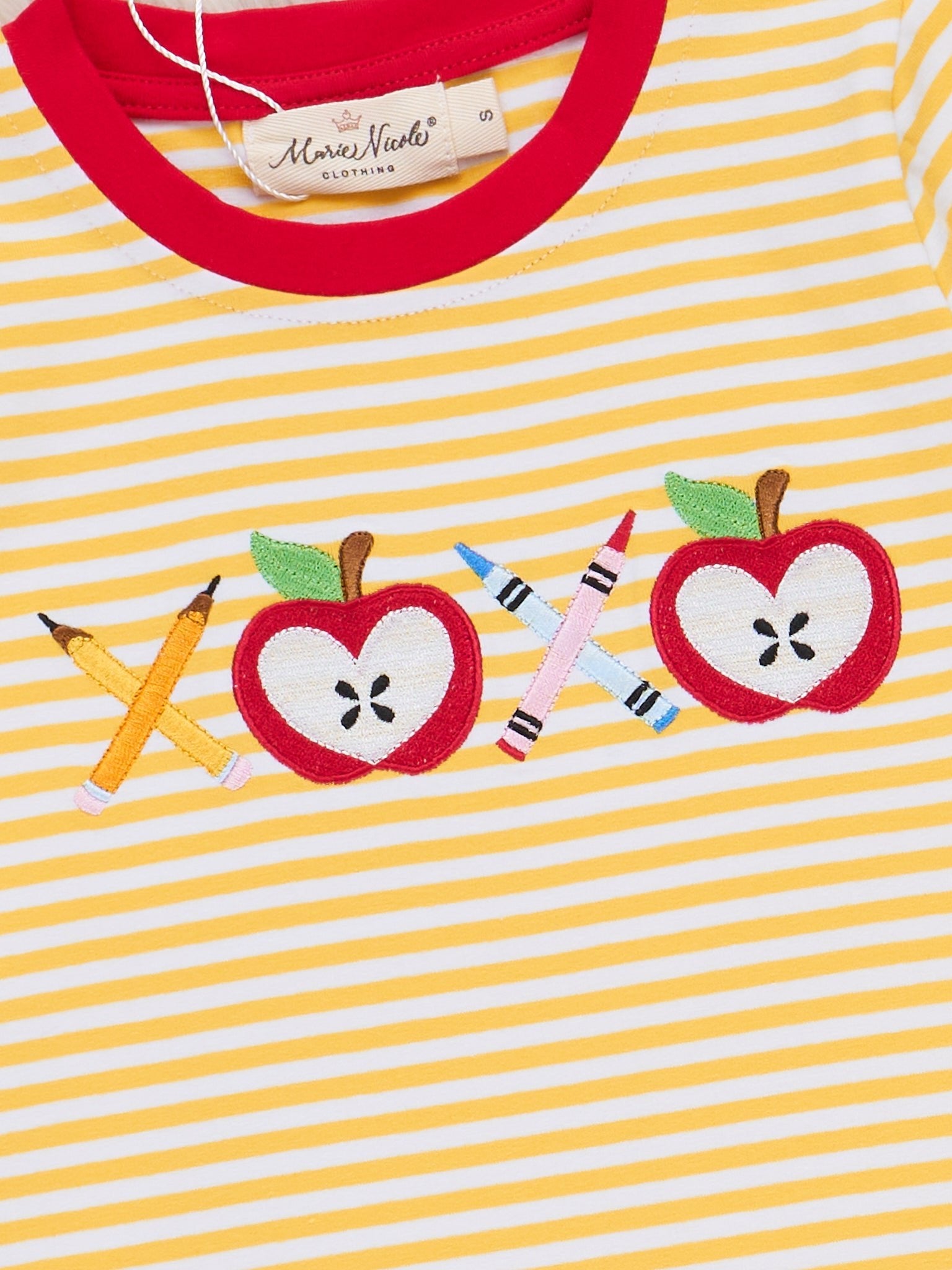 Striped Embroidered Apples & Pencils Cotton Shirt - Marie Nicole Clothing