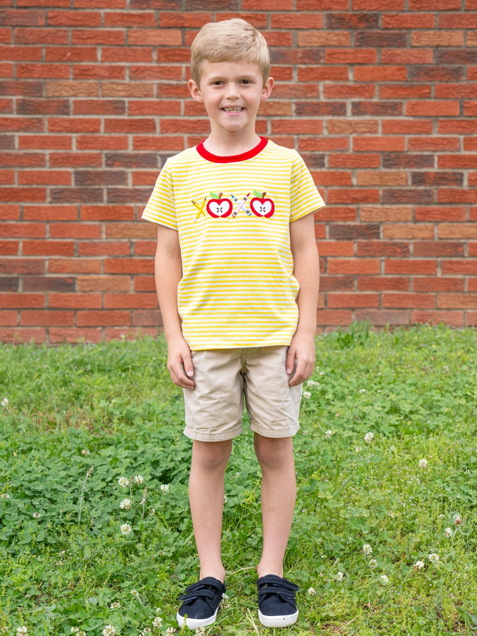 Striped Embroidered Apples & Pencils Cotton Shirt - Marie Nicole Clothing