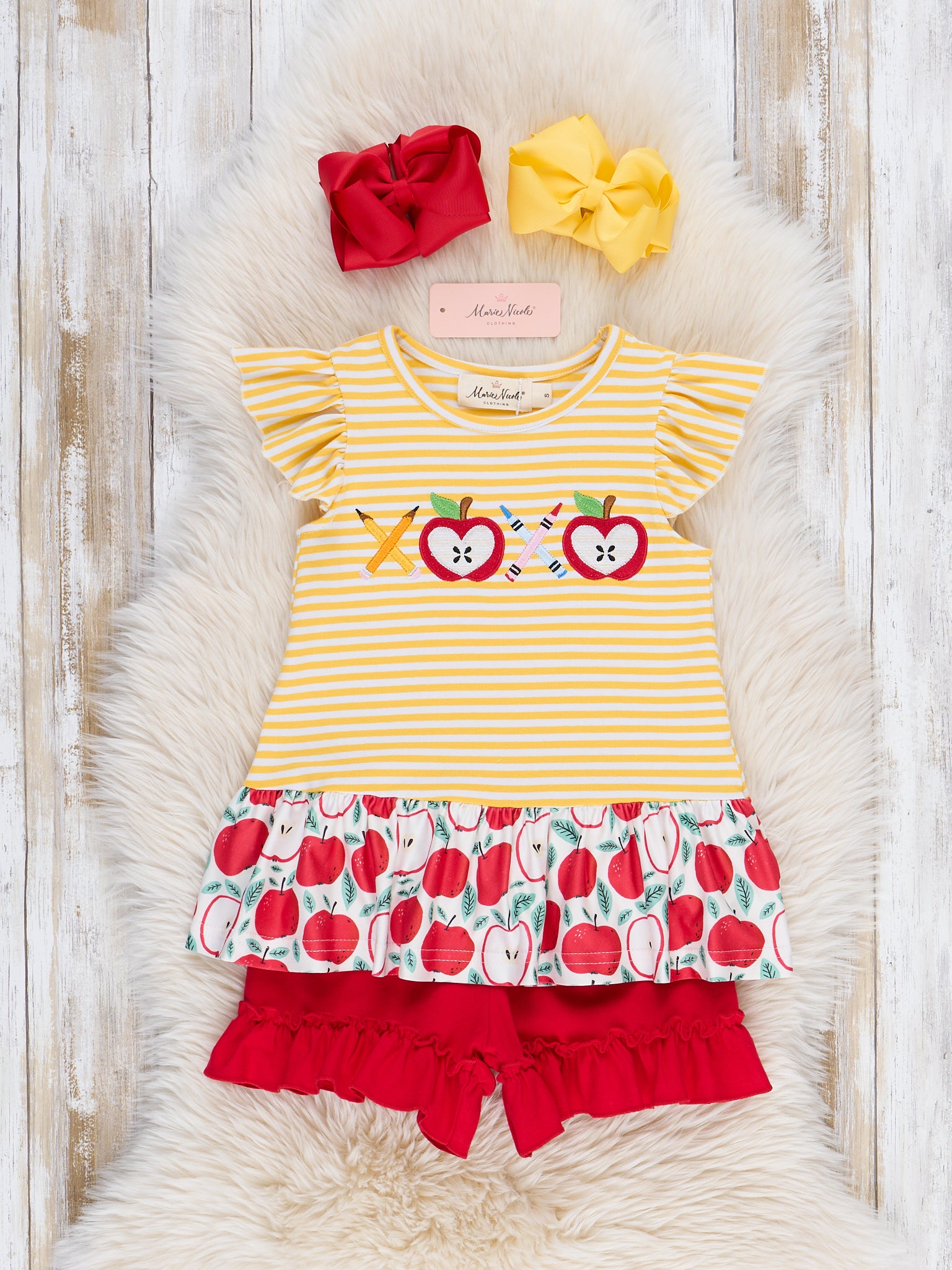 Striped Embroidered Apples Pencils & Ruffle Outfit - Marie Nicole Clothing