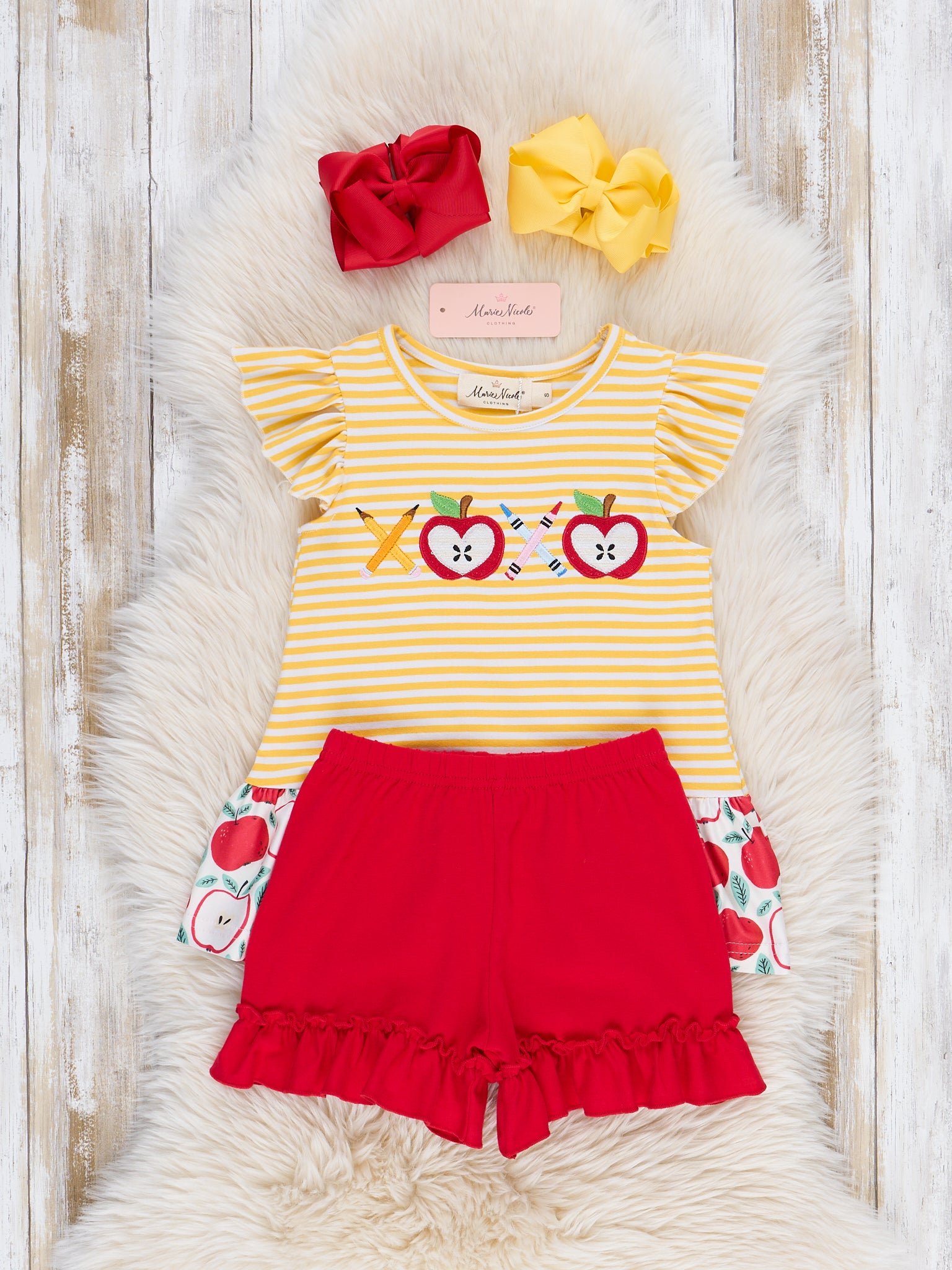 Striped Embroidered Apples Pencils & Ruffle Outfit - Marie Nicole Clothing