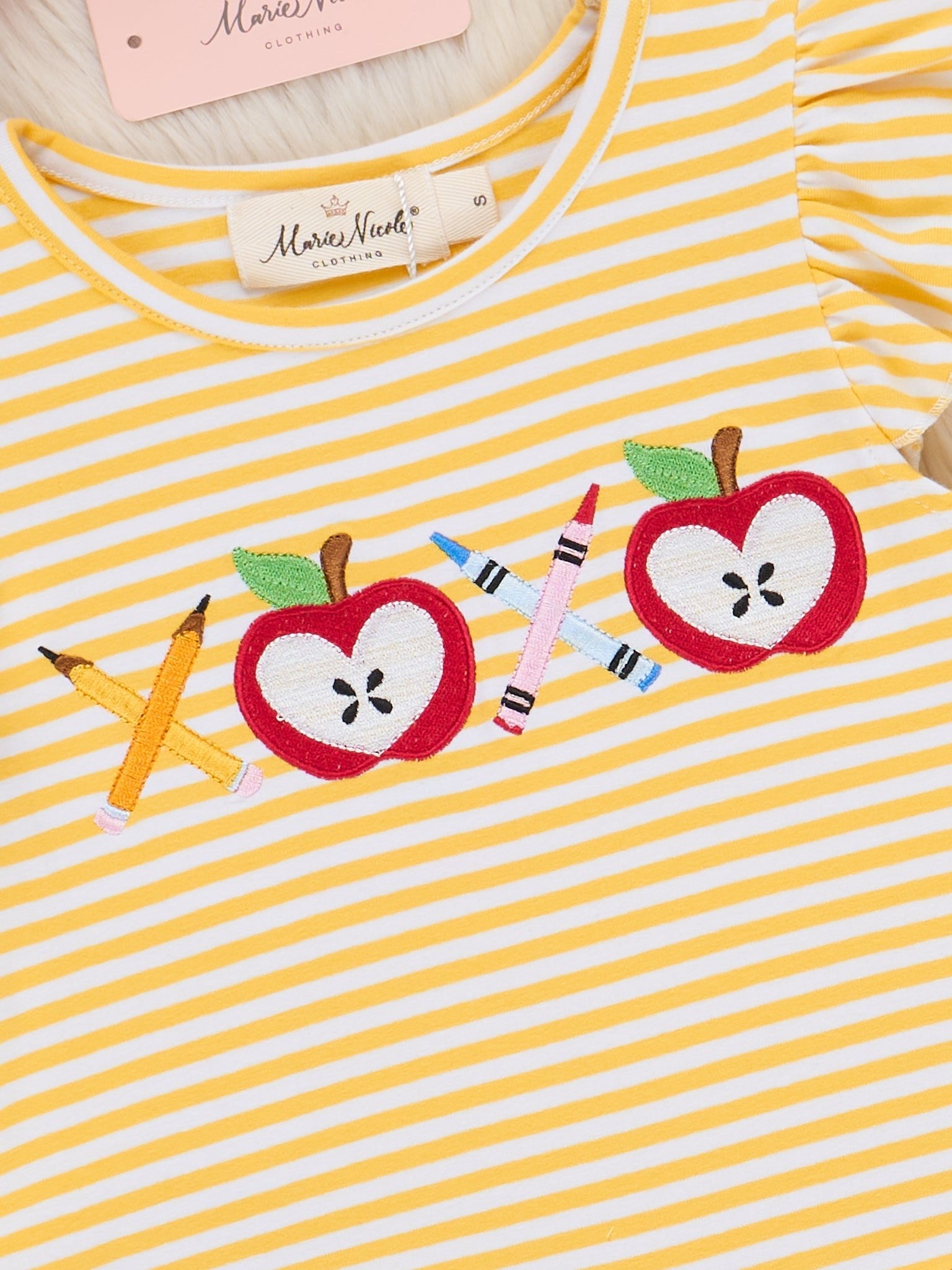 Striped Embroidered Apples Pencils & Ruffle Outfit - Marie Nicole Clothing