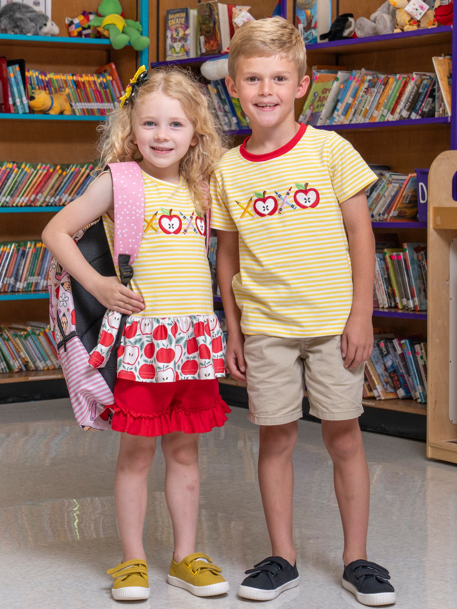 Striped Embroidered Apples Pencils & Ruffle Outfit - Marie Nicole Clothing