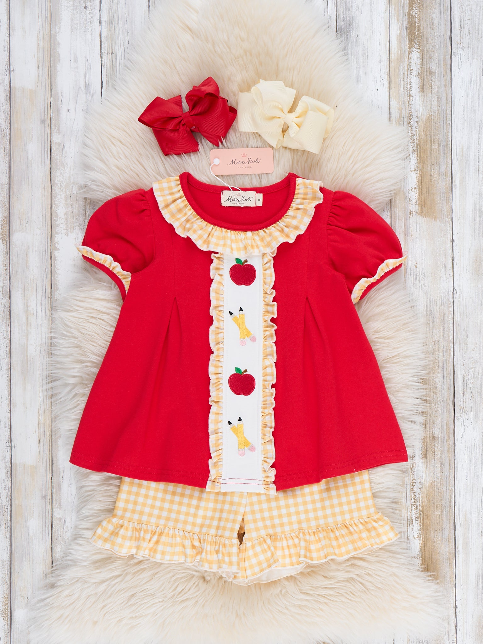 Sweet Apple Embroidered Pencils Ruffle Outfit - Marie Nicole Clothing