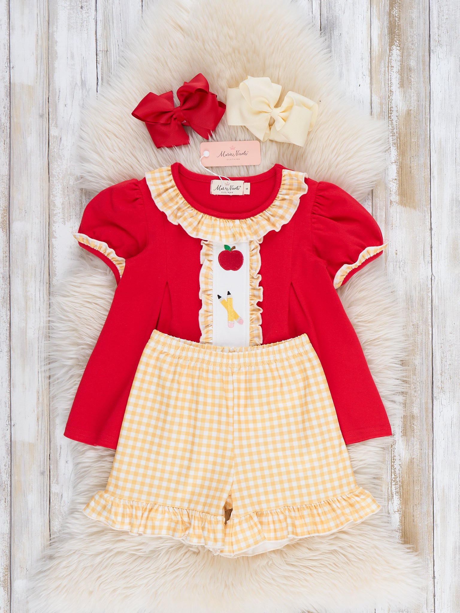 Sweet Apple Embroidered Pencils Ruffle Outfit - Marie Nicole Clothing