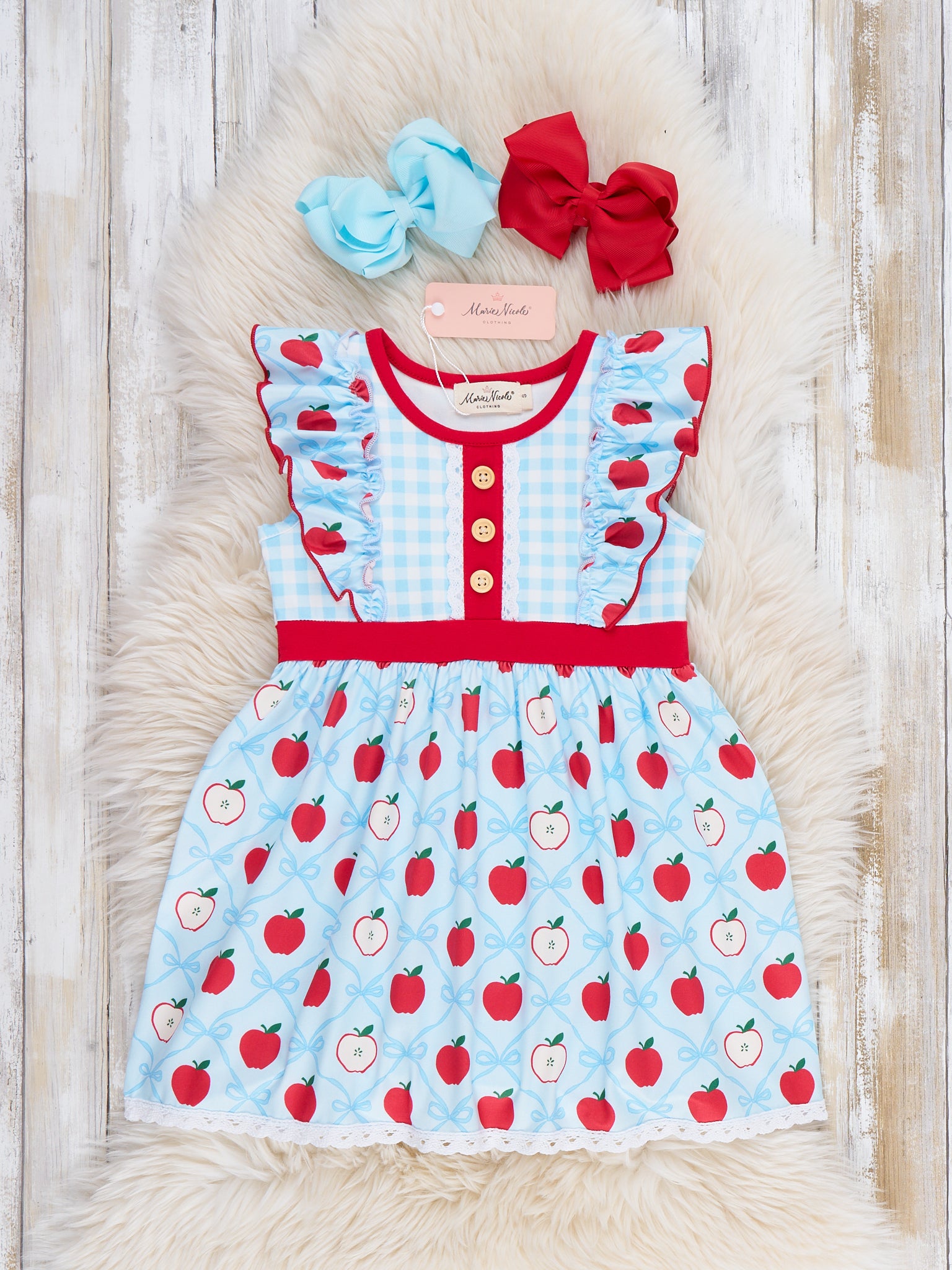 School Bell Apples Ruffle Dress - Marie Nicole Clothing