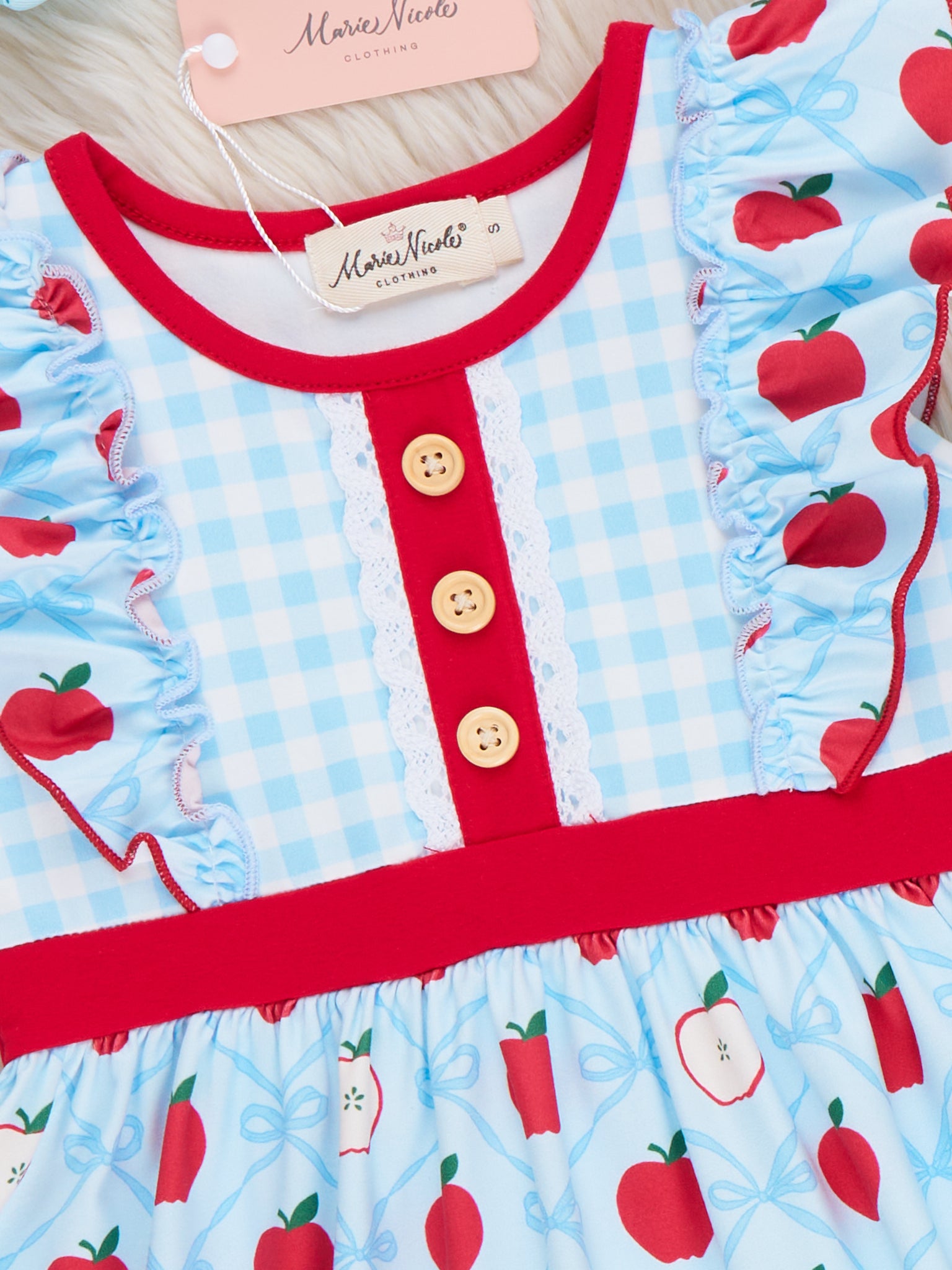School Bell Apples Ruffle Dress - Marie Nicole Clothing