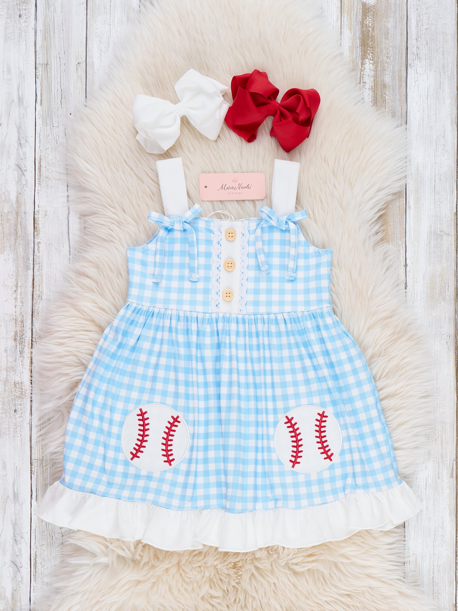 Sweet Swing Baseball Embroidered Ruffle Dress - Marie Nicole Clothing