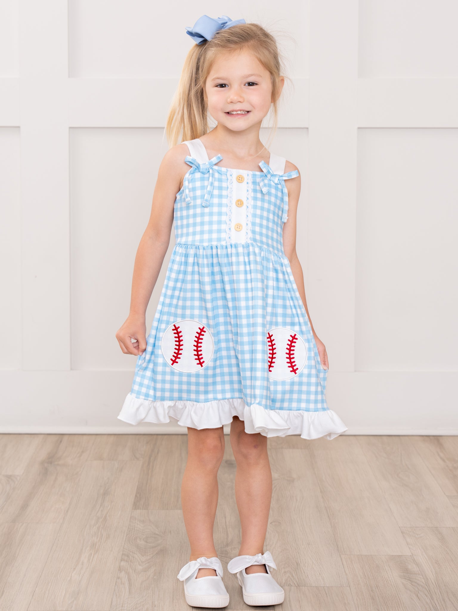Sweet Swing Baseball Embroidered Ruffle Dress - Marie Nicole Clothing