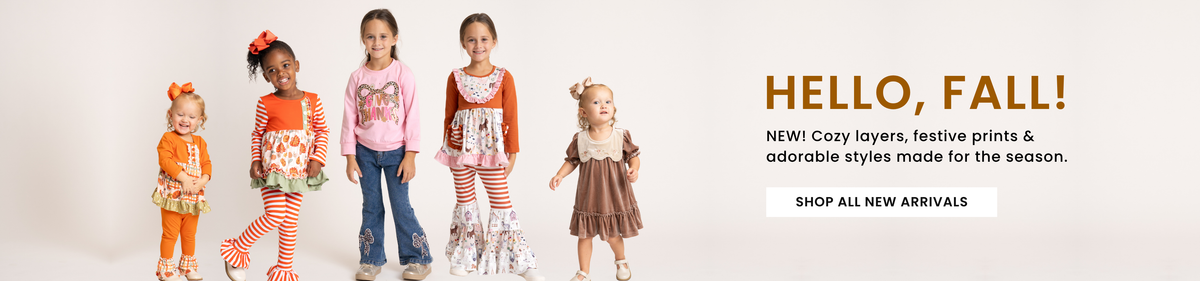 A promotional banner for children's apparel featuring five young girls modeling colorful outfits against a plain white background, alongside text that reads 'HELLO, FALL!' and 'SHOP ALL NEW ARRIVALS'.