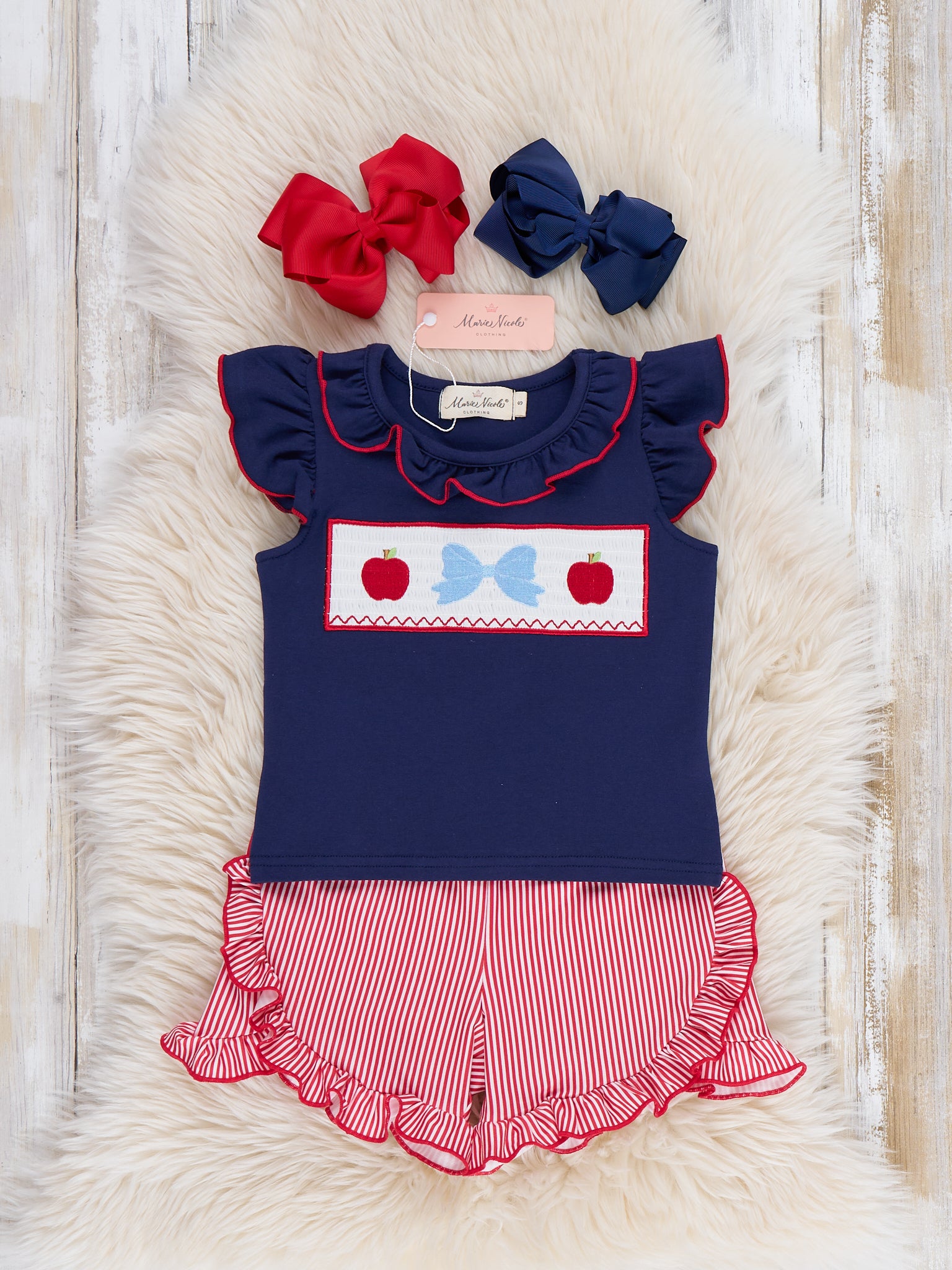 Twirling Apple Bow Smocked Ruffle Outfit - Marie Nicole Clothing