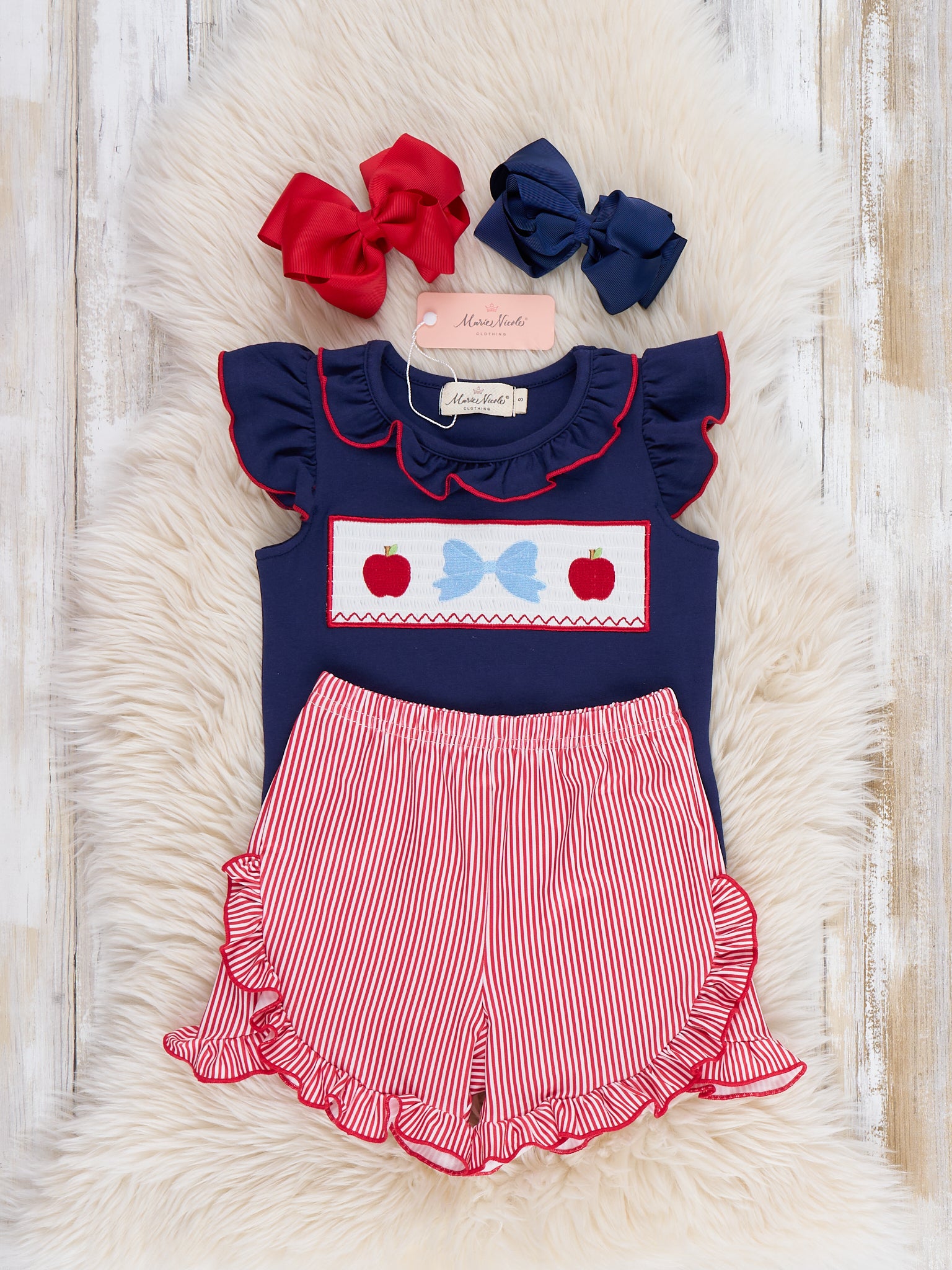 Twirling Apple Bow Smocked Ruffle Outfit - Marie Nicole Clothing