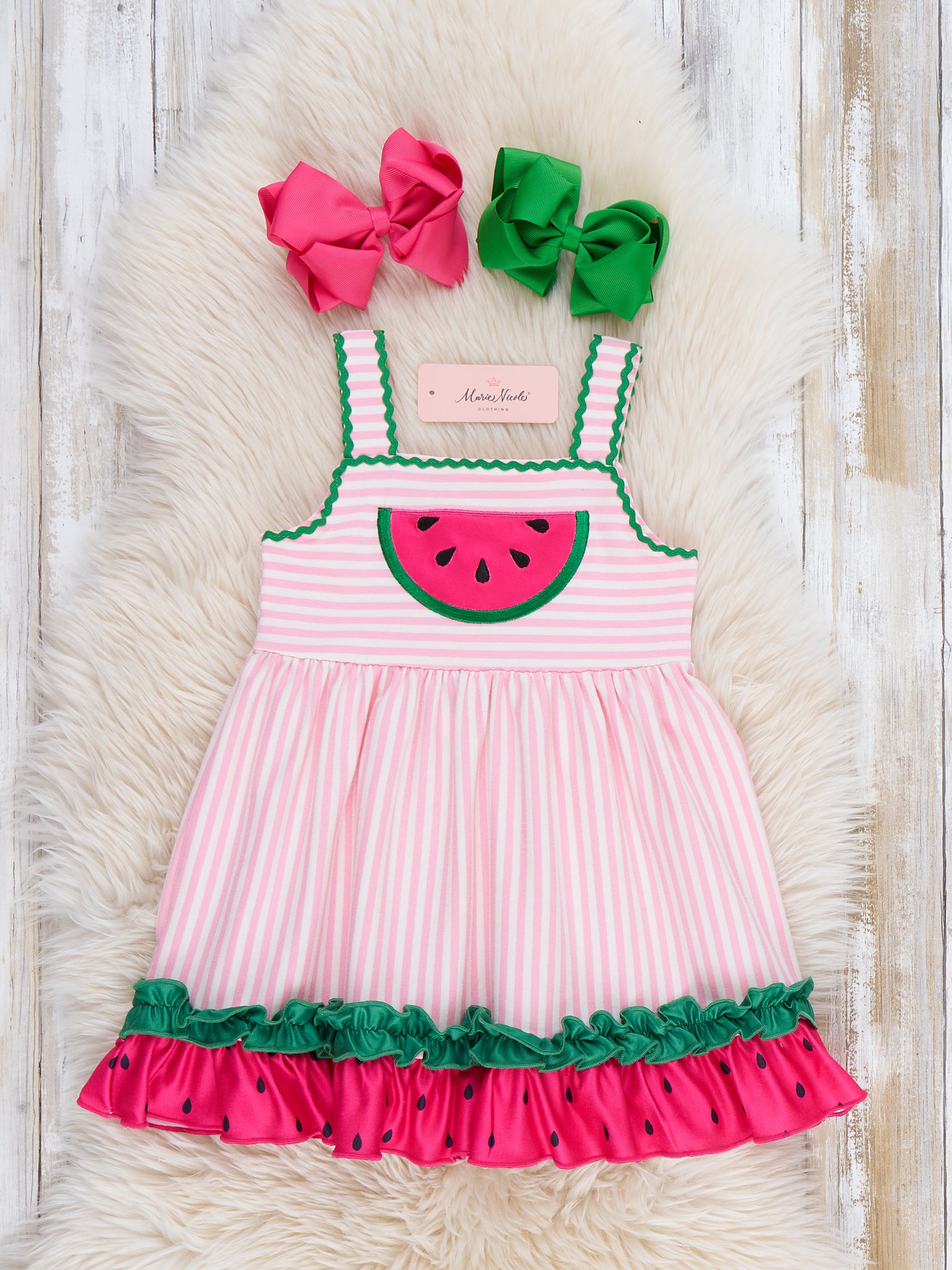 ladies watermelon dress Watermelon Days Striped Embroidery Ruffle Dress – Marie Nicole Clothing