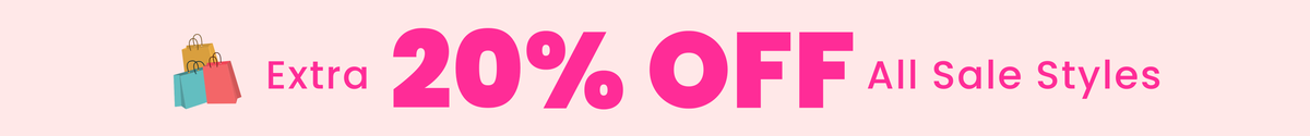 Promotional banner with the text 'Extra 20% OFF All Sale Styles' in pink on a light pink background, with small shopping bag icons on the left.