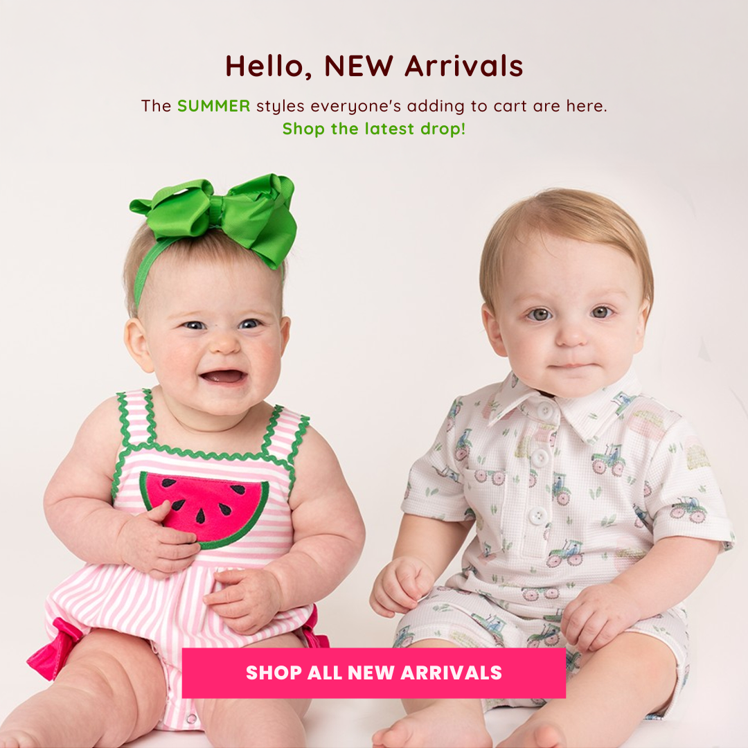 new arrivals for summer featuring two babies in summer rompers