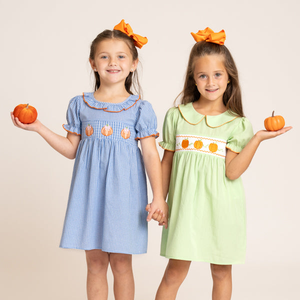 Two young girls standing side by side holding small pumpkins, wearing matching short-sleeve dress dresses with pumpkin-slice embroidery. The girl on the left wears a light blue and white gingham dress, and the girl on the right wears a light green dress.
