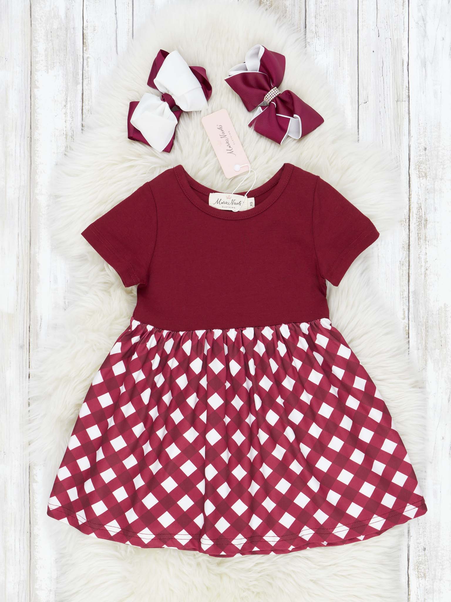 Maroon & White Gingham Dress – Marie Nicole Clothing