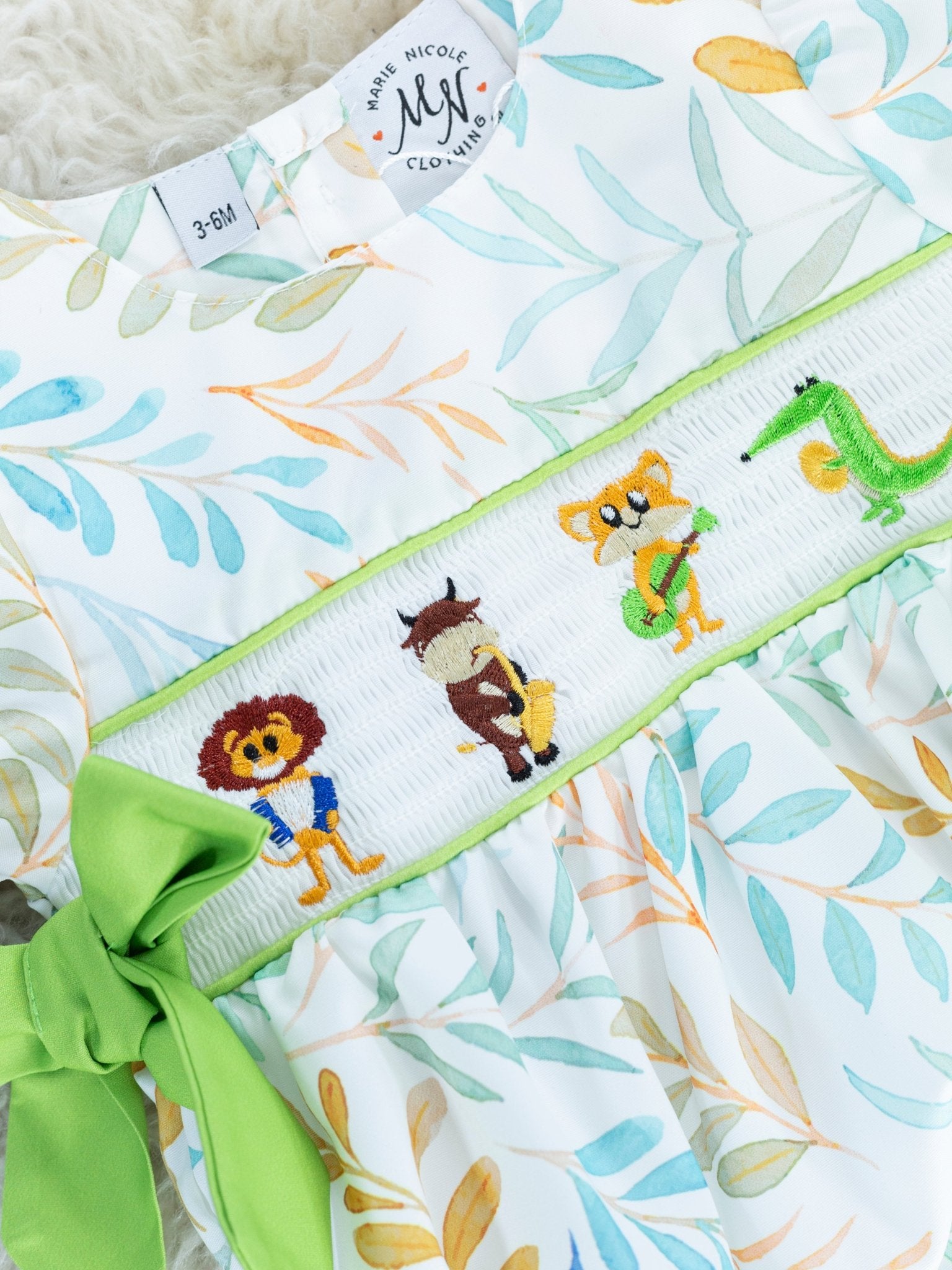 Jazzy Zoo Friends Smocked Bow Bubble Romper - Marie Nicole Clothing