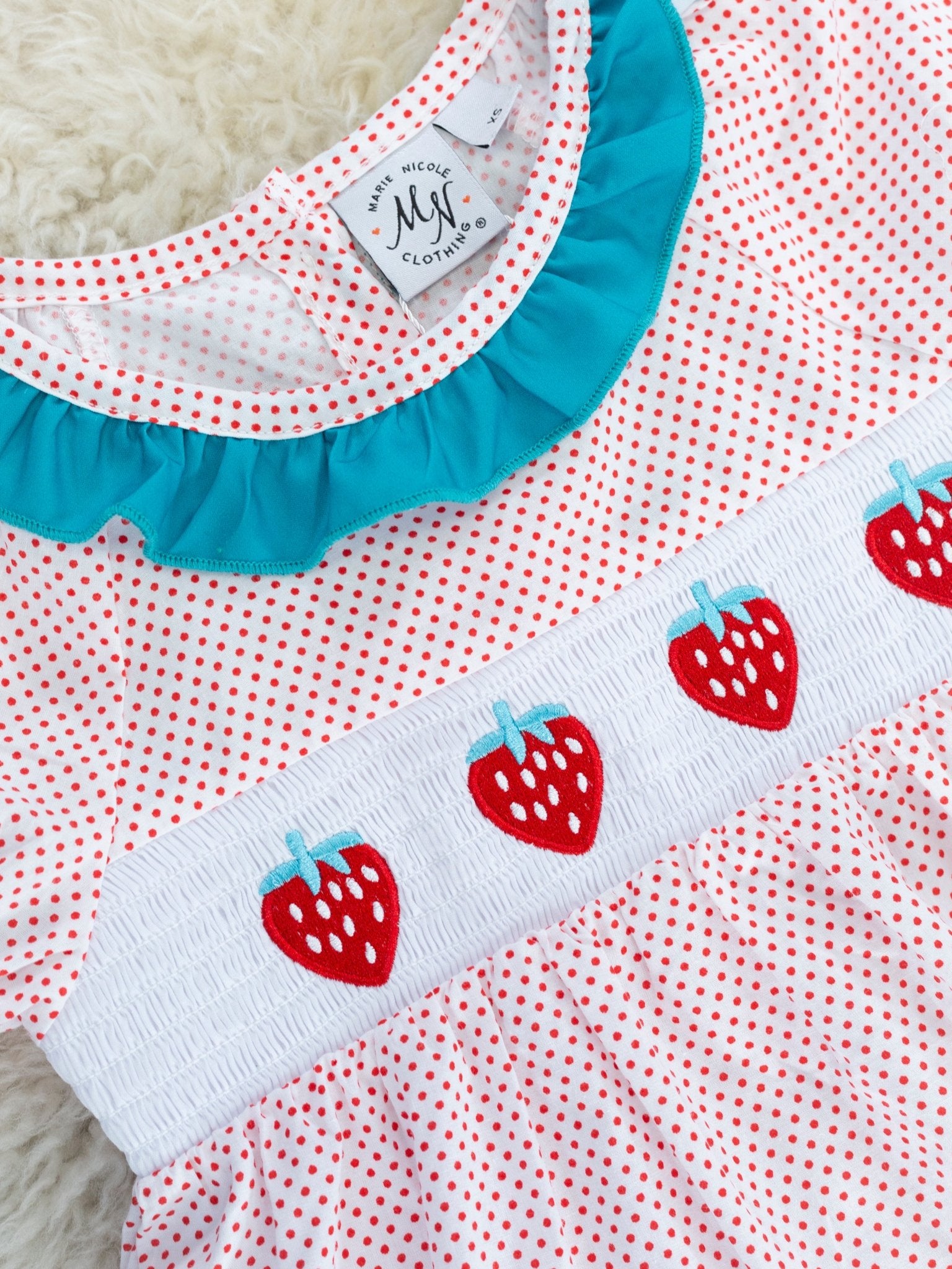 Polka Dot Smocked Strawberry Ruffle Dress - Marie Nicole Clothing