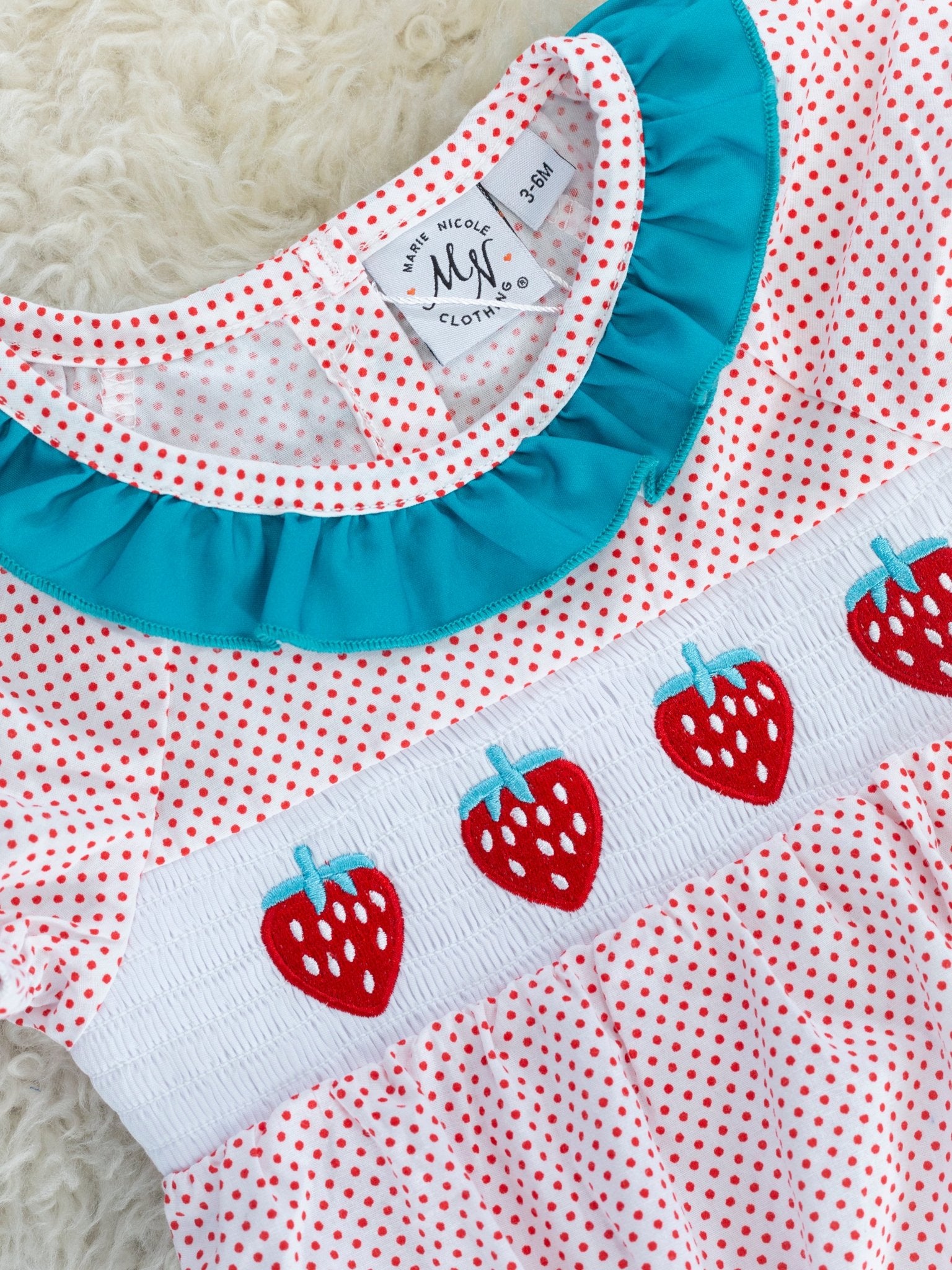 Polka Dot Smocked Strawberry Ruffle Bubble Romper - Marie Nicole Clothing