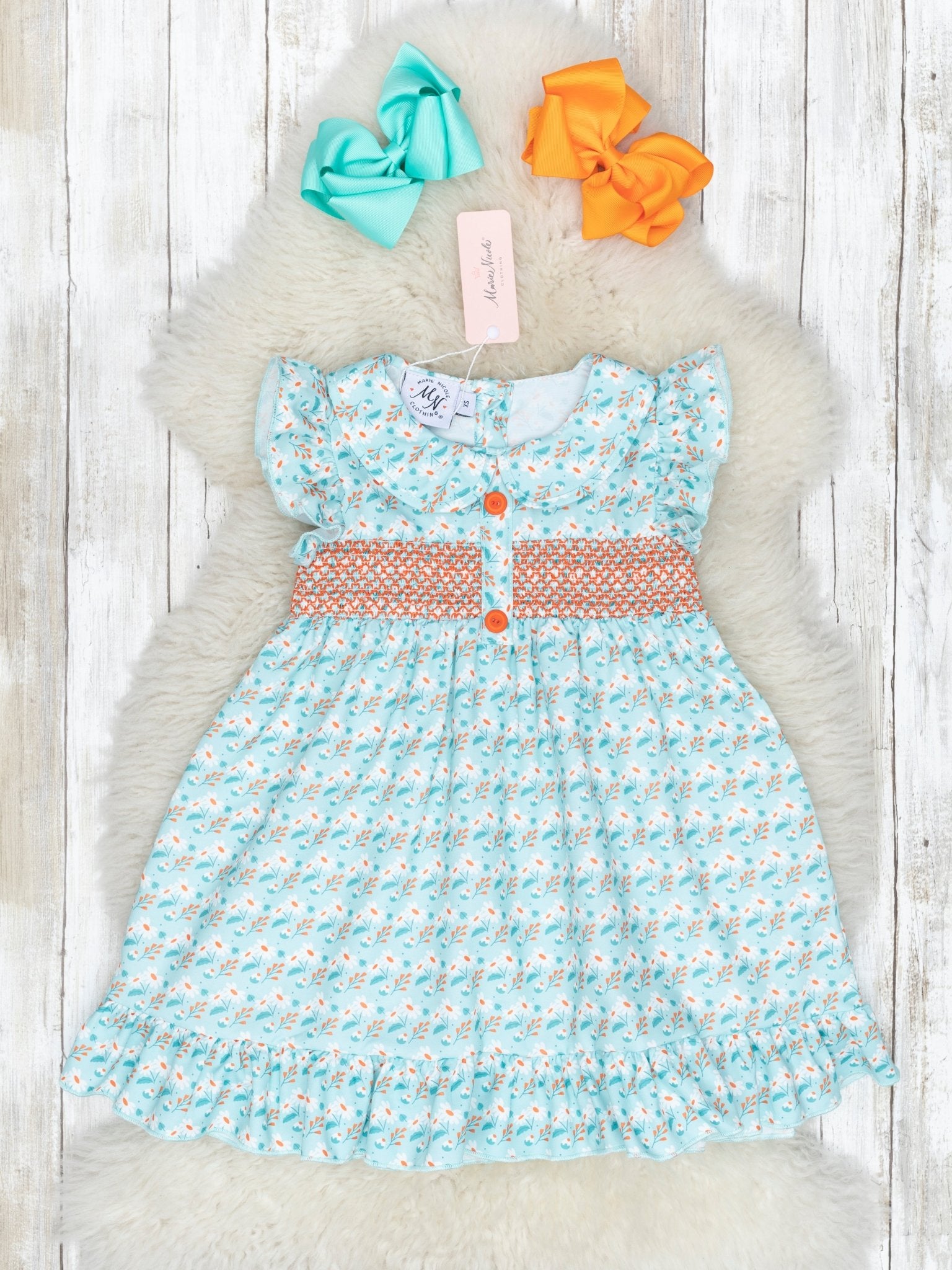 Blue & Orange Smocked Vintage Daisy Ruffle Dress - Marie Nicole Clothing