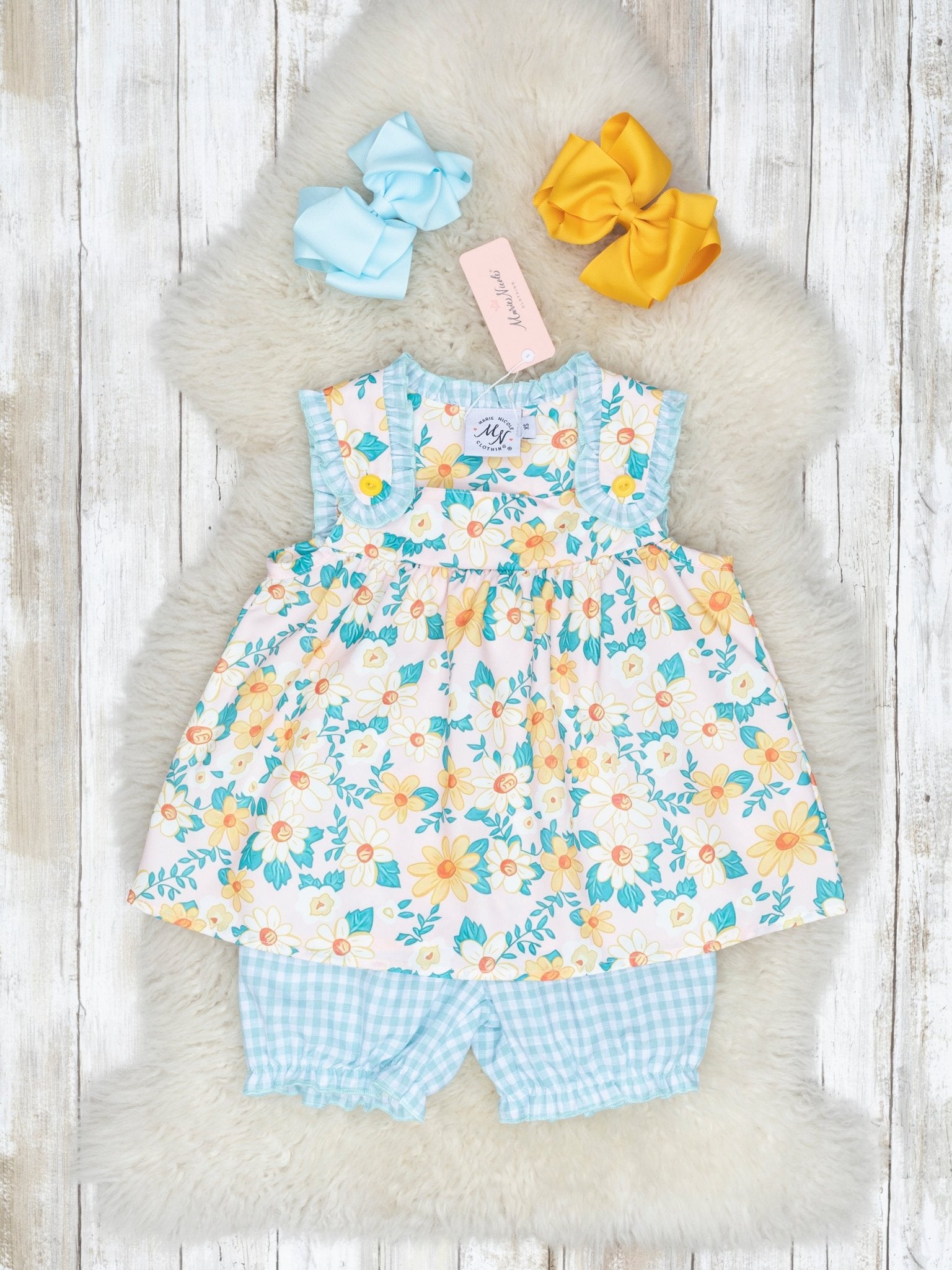 Sky Blue Gingham Daisy Outfit - Marie Nicole Clothing