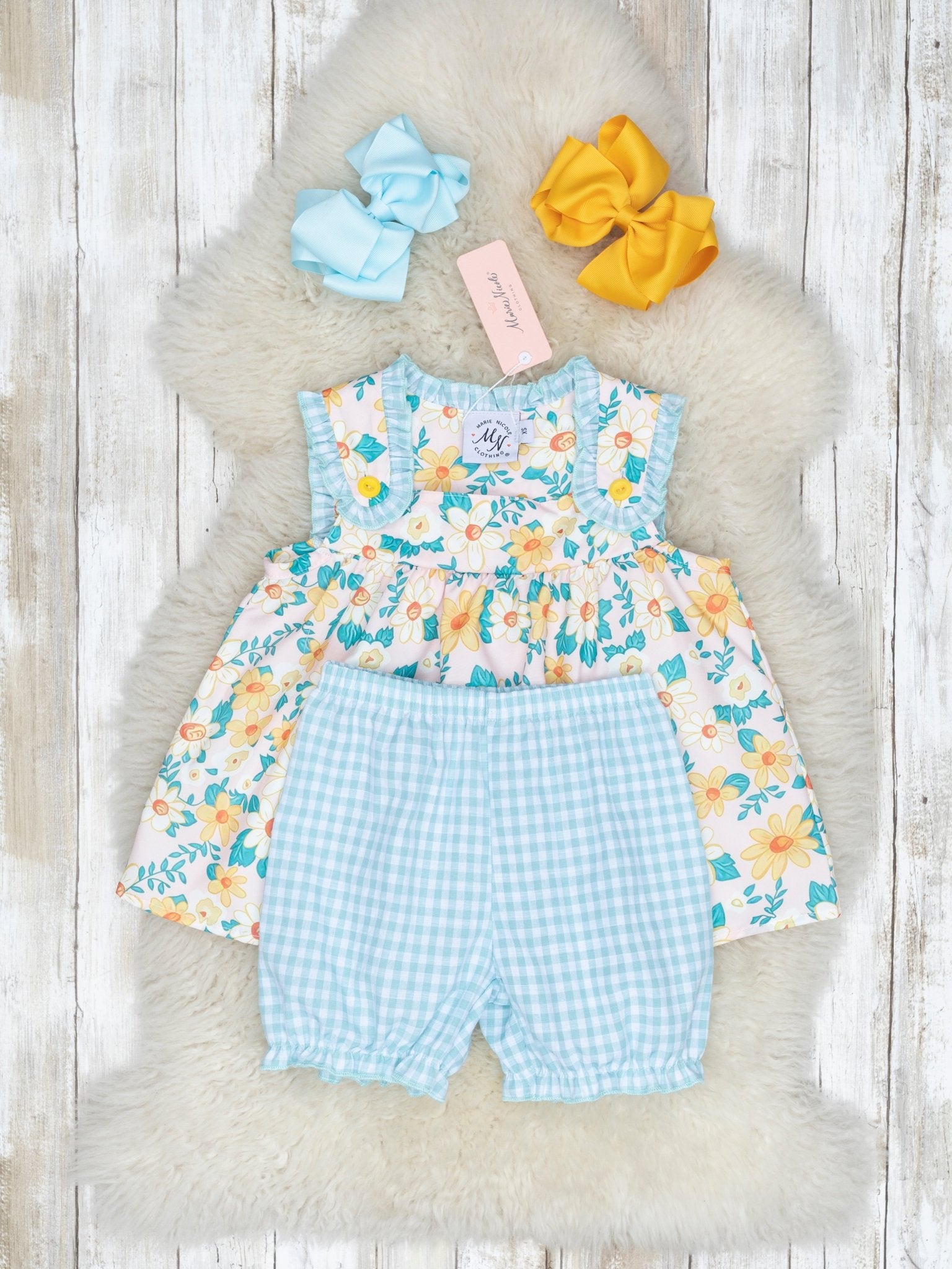 Sky Blue Gingham Daisy Outfit - Marie Nicole Clothing