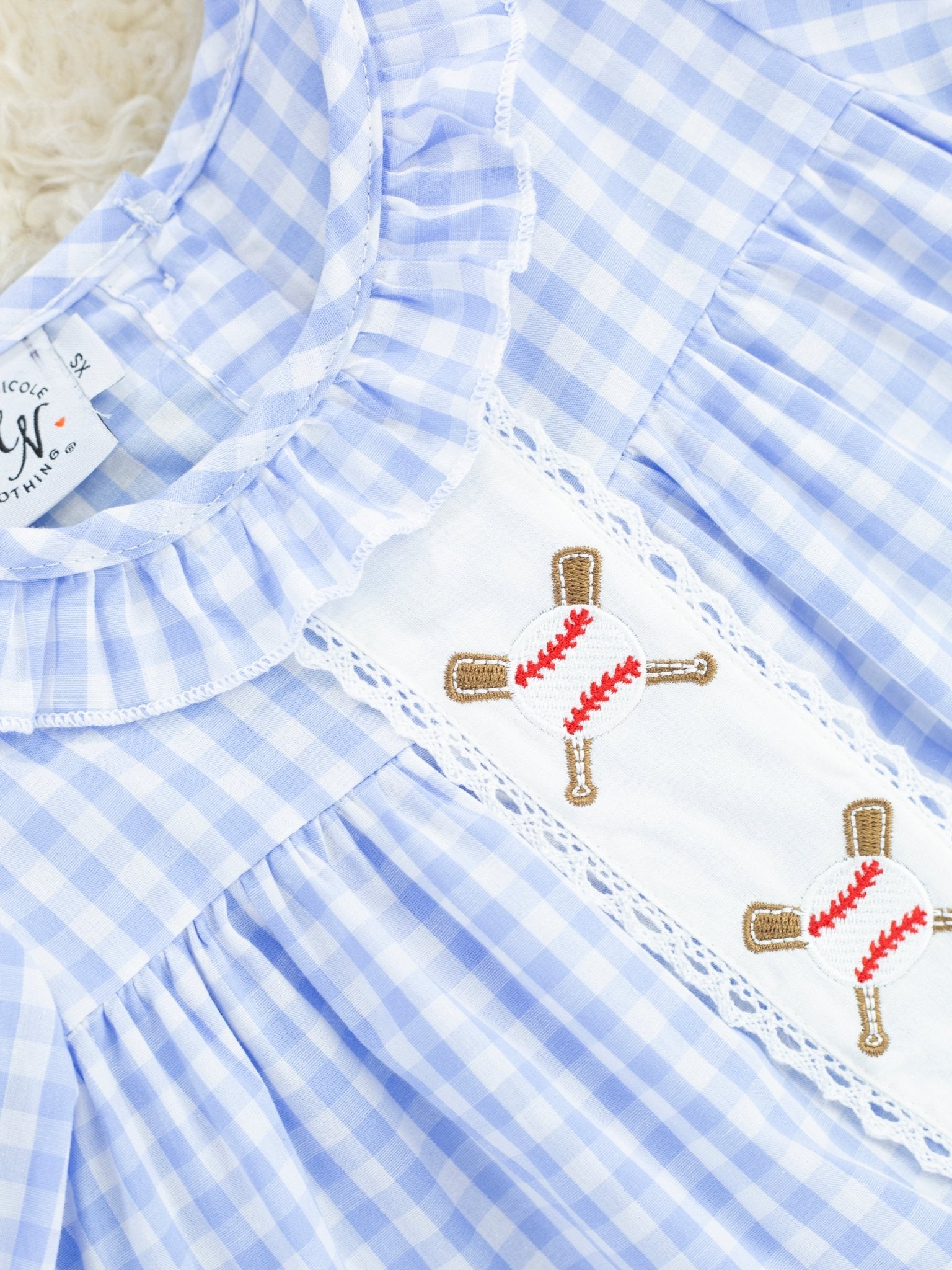 Blue Gingham Baseball Ruffle Dress - Marie Nicole Clothing