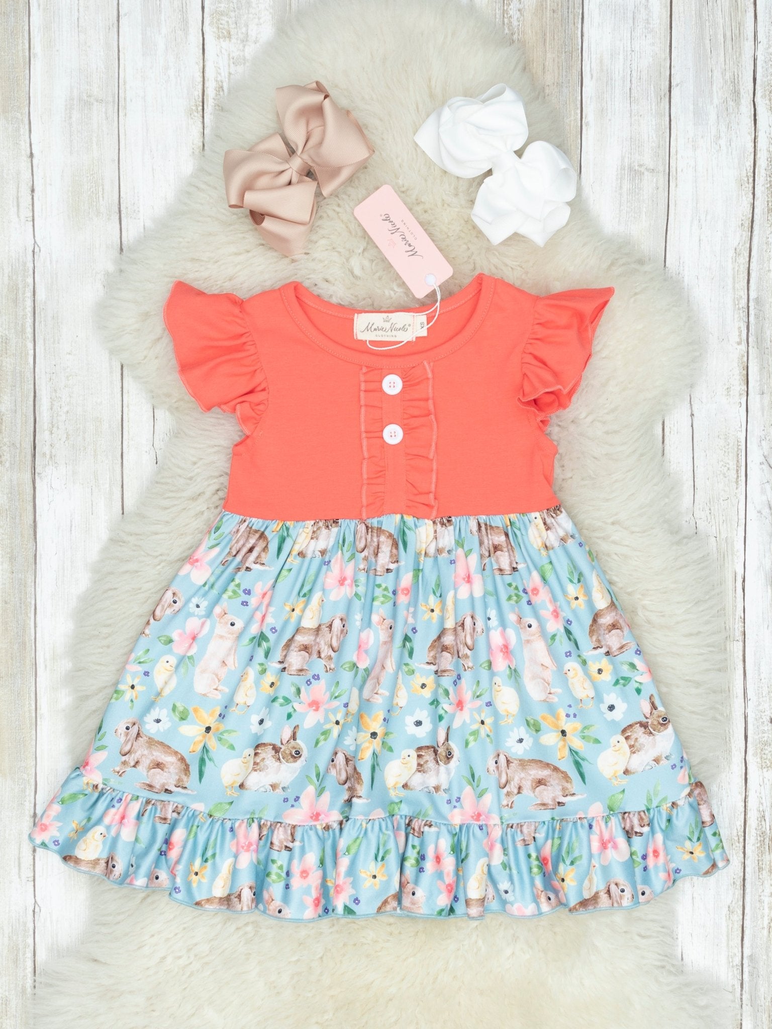 Coral Floral Bunny Ruffle Dress - Marie Nicole Clothing