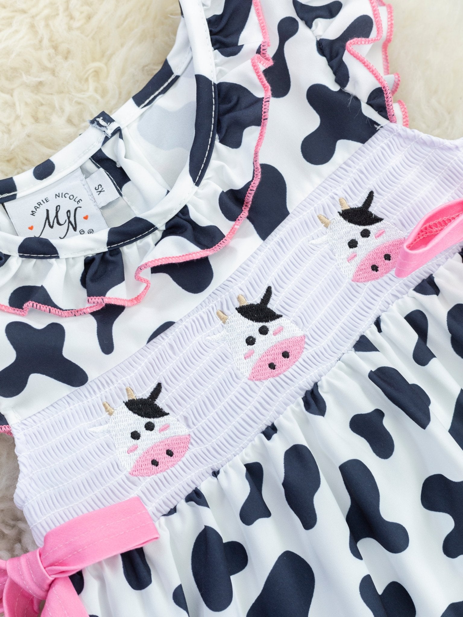 Smocked Cow Print Bow Ruffle Dress - Marie Nicole Clothing